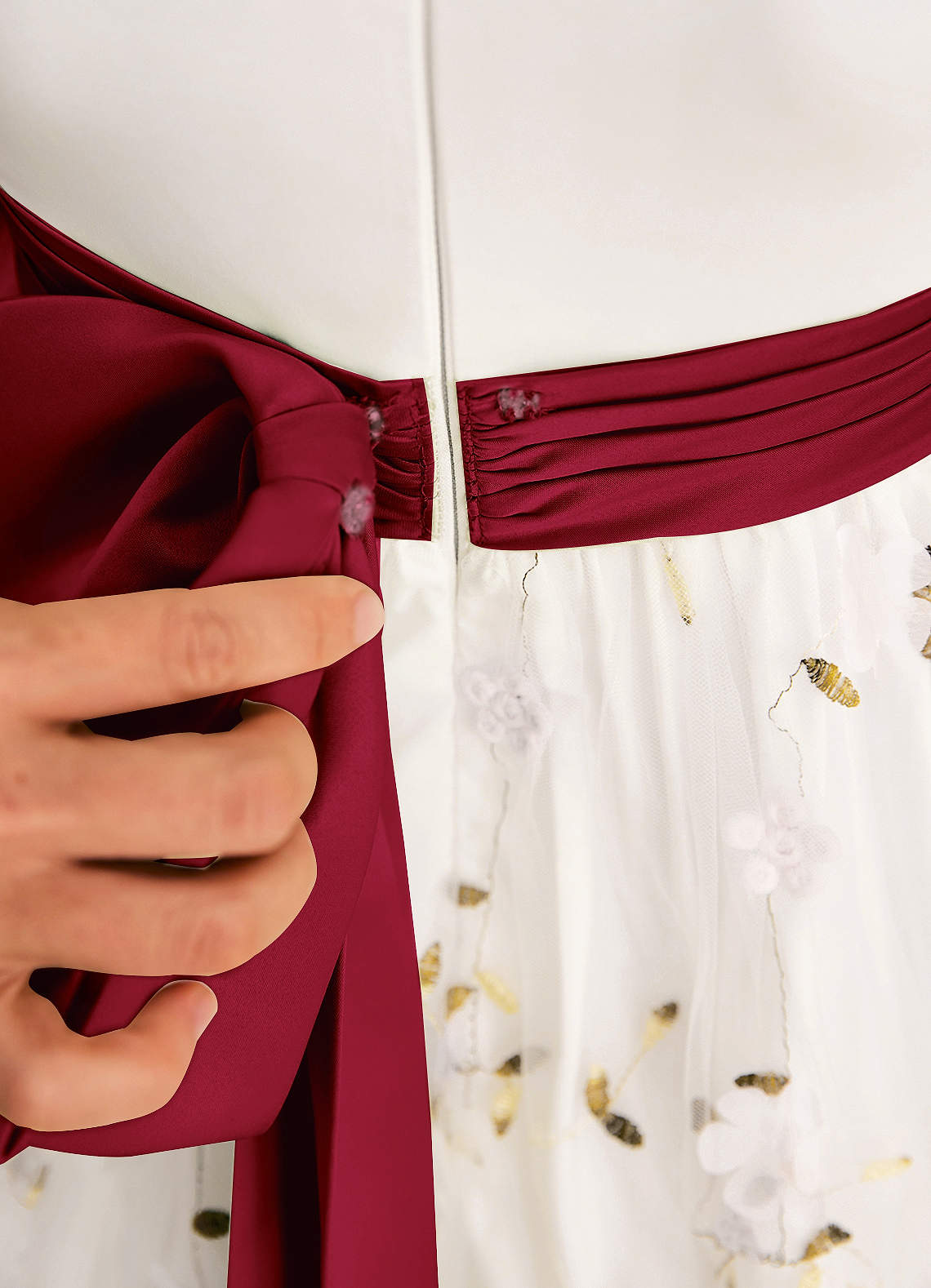 Azazie Pollie Flower Girl Dresses Ivory Burgundy A-Line Bow Tulle Dress image6