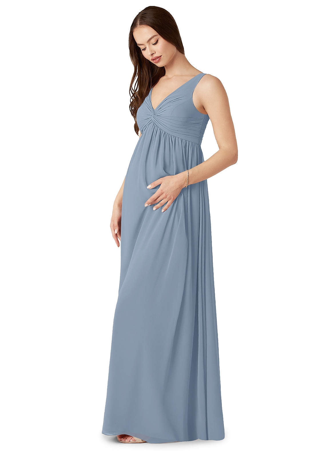 Azazie Yetta Maternity Bridesmaid Dresses A-Line V-Neck Gathered Chiffon Floor-Length Dress image3