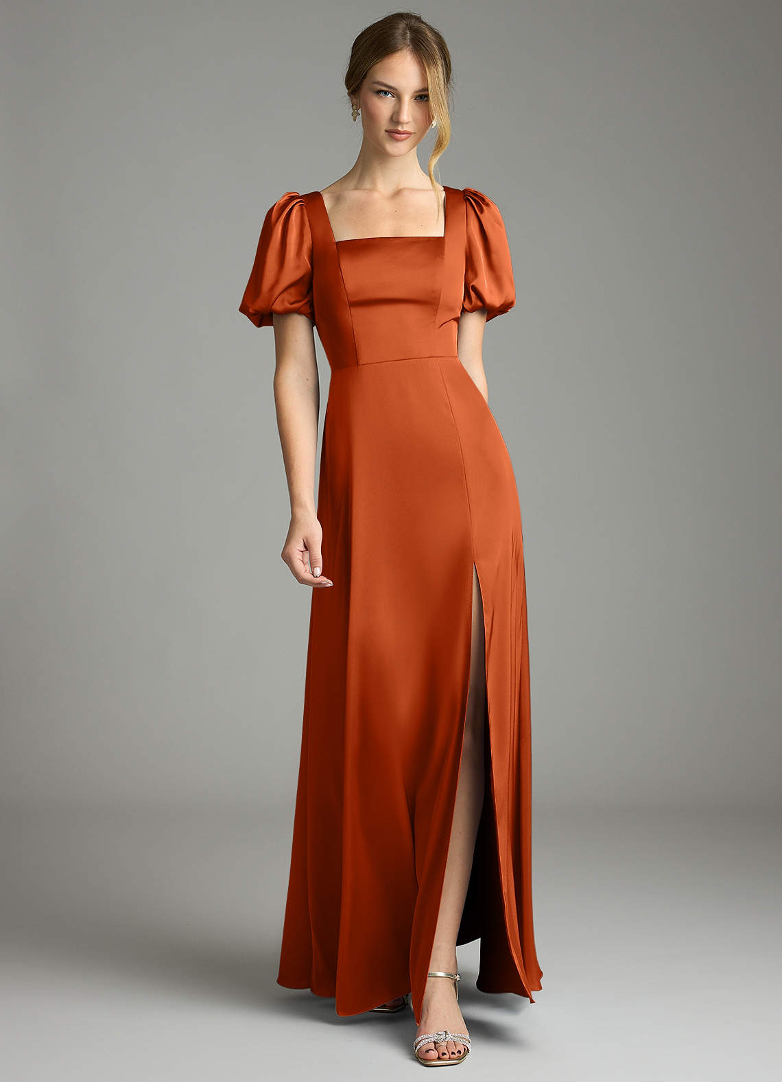 Azazie Fyona Bridesmaid Dresses Burnt Orange A-Line Pleated Stretch Satin Dress image1