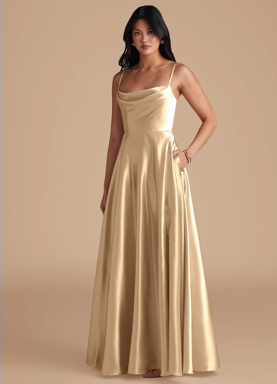 Azazie Elle Bridesmaid Dresses Champagne A-Line with Pockets Metallic Satin Dress image1