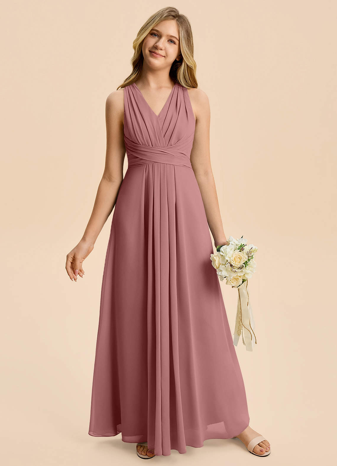 Azazie Kirsten Junior A-Linie Plissee Chiffon Kleid Wüstenrose image3