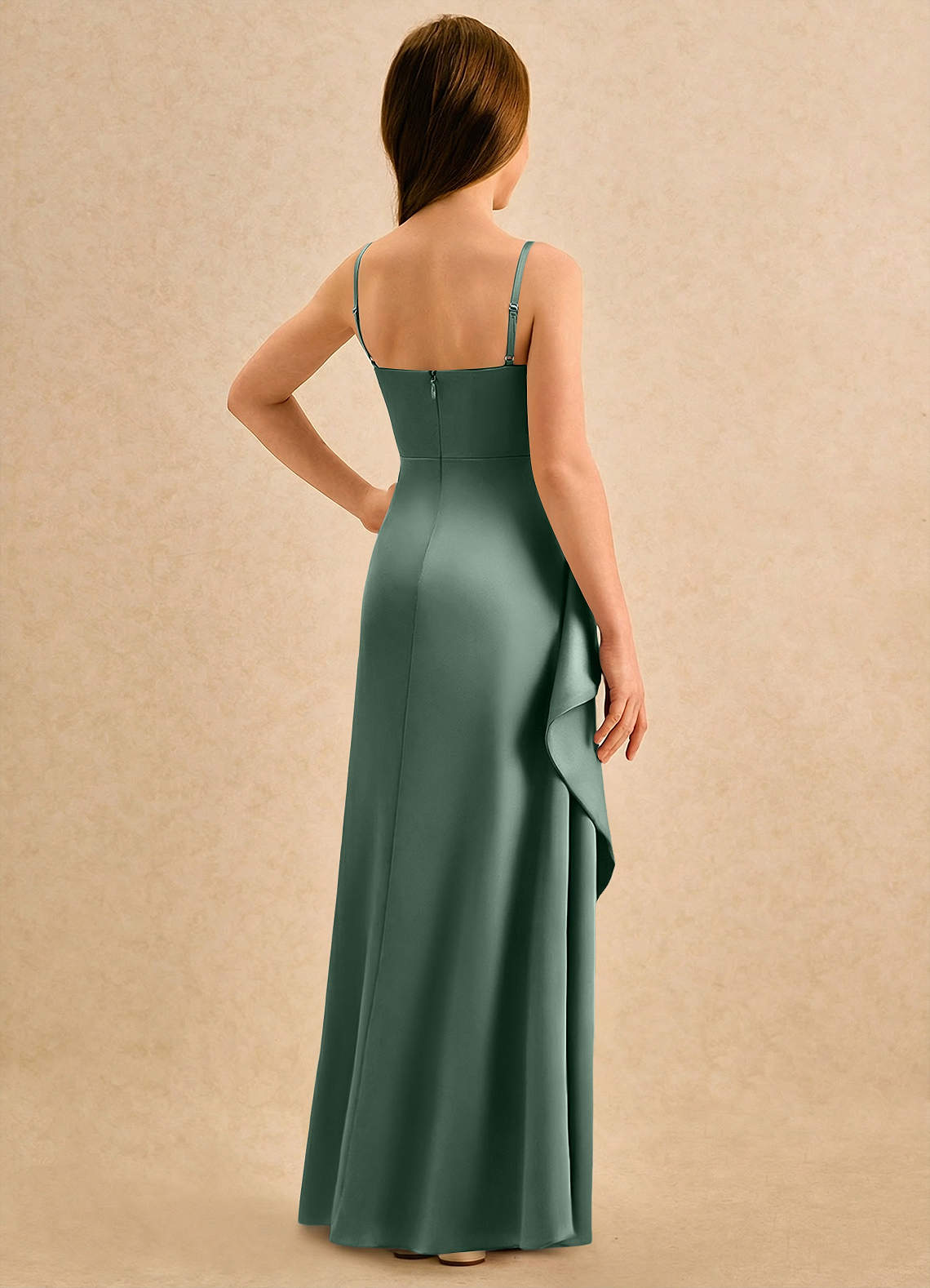 Azazie Cannoli Girls Formal Blumenmädchenkleider A-Linie Plissee Matte Satin Kleid Eukalyptus image1