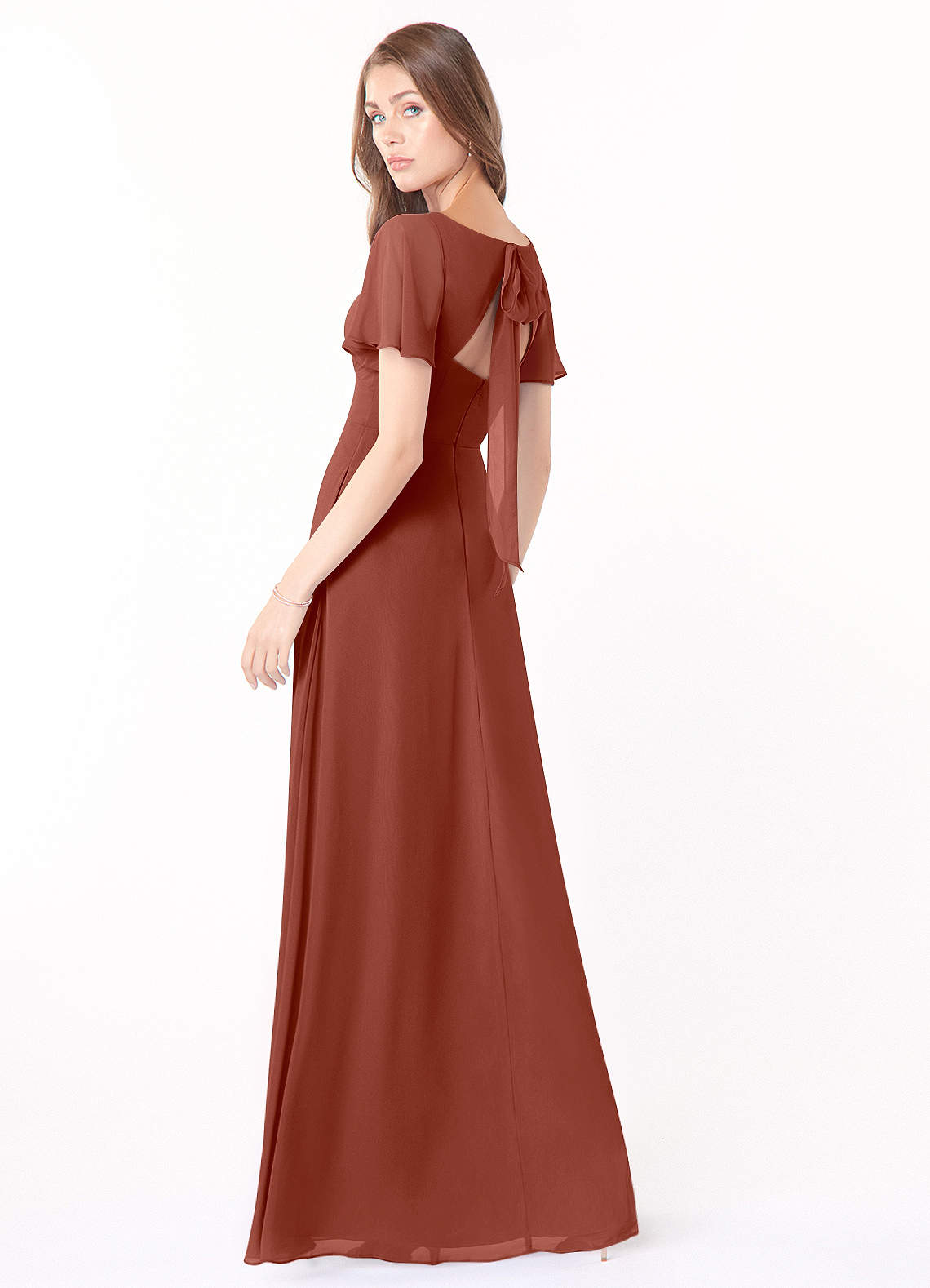 Azazie Kimber Bridesmaid Dresses Auburn A-Line Flounce Sleeve Chiffon Dress image3