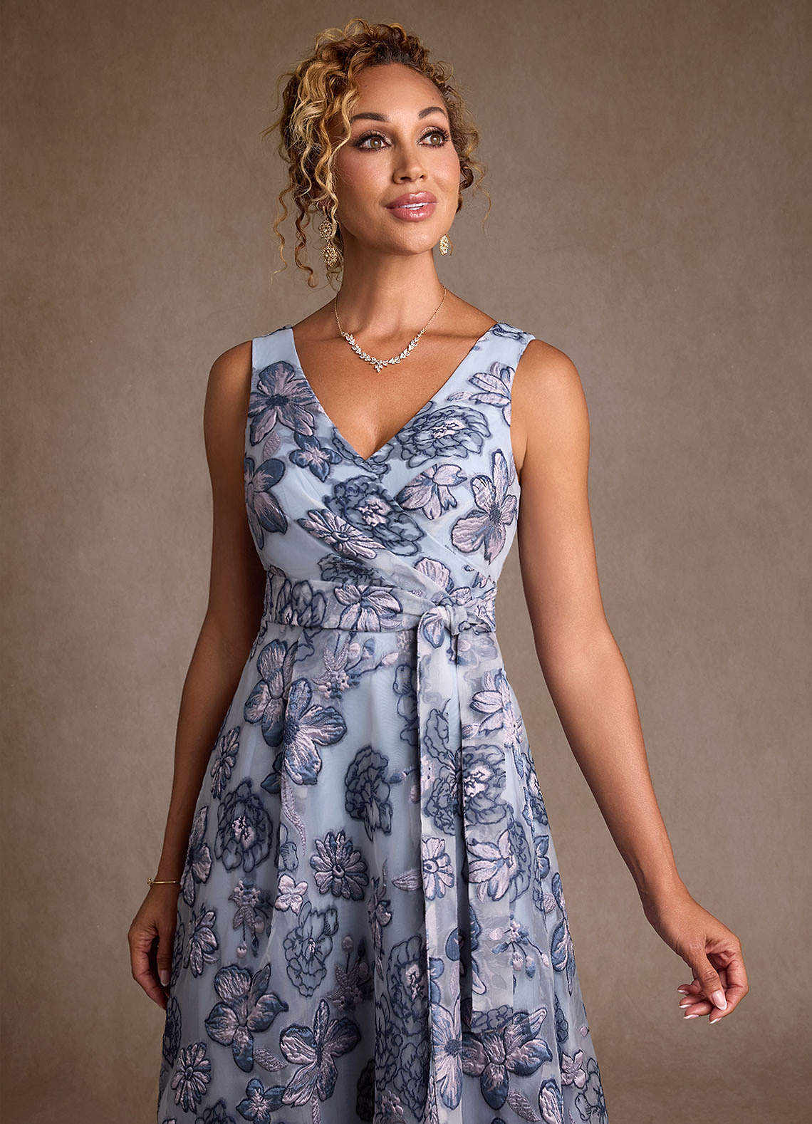 Azazie Luanne Dusty Blue Jacquard A-Line Pleated Floral Jacquard