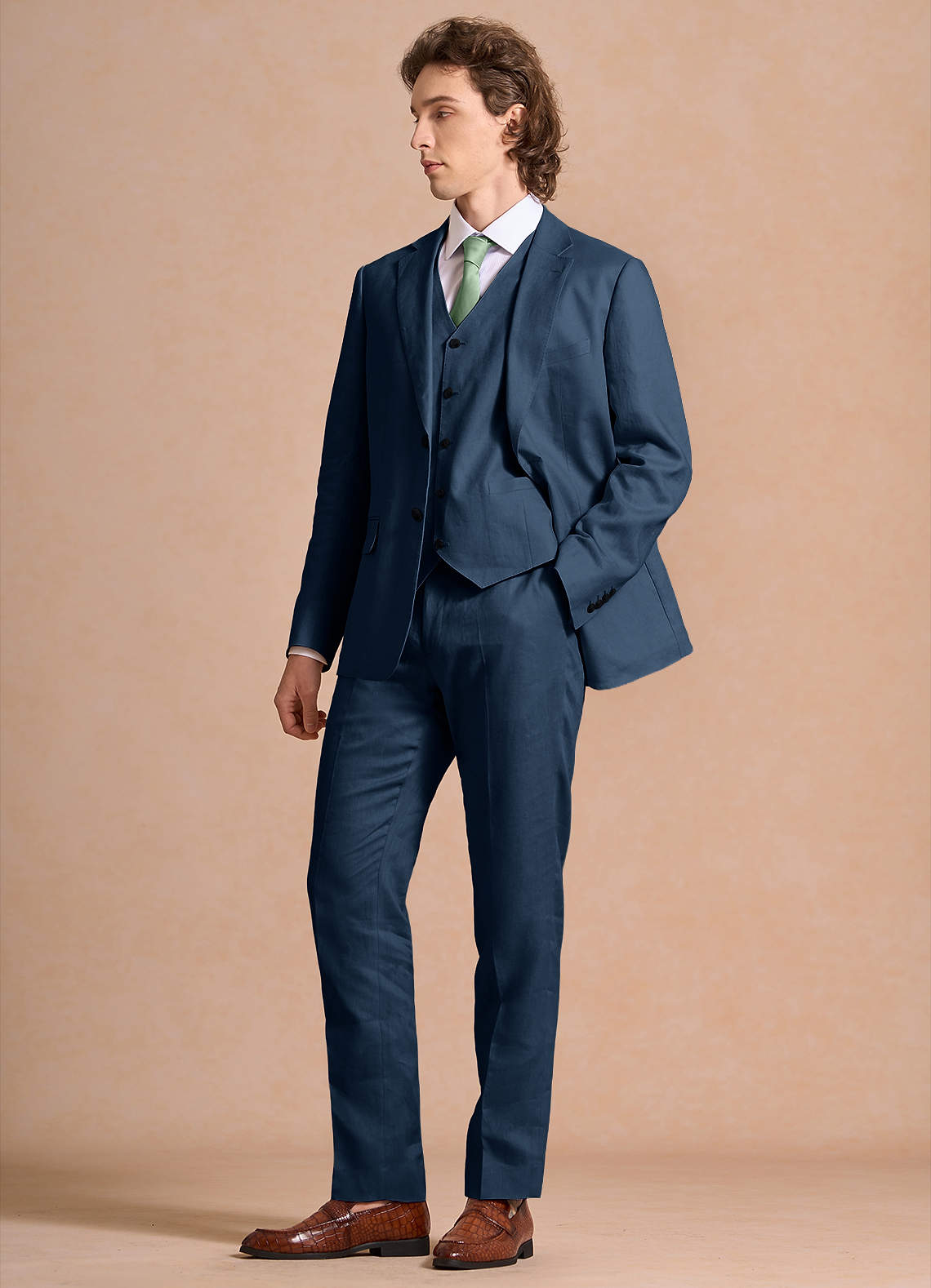 front Harrison 다크 네이비 100% 린넨 쓰리피스 정장