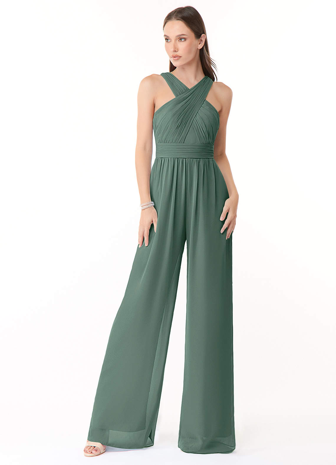 Azazie Berdie Bridesmaid Dresses Sea Moss Halter Chiffon Jumpsuit image1