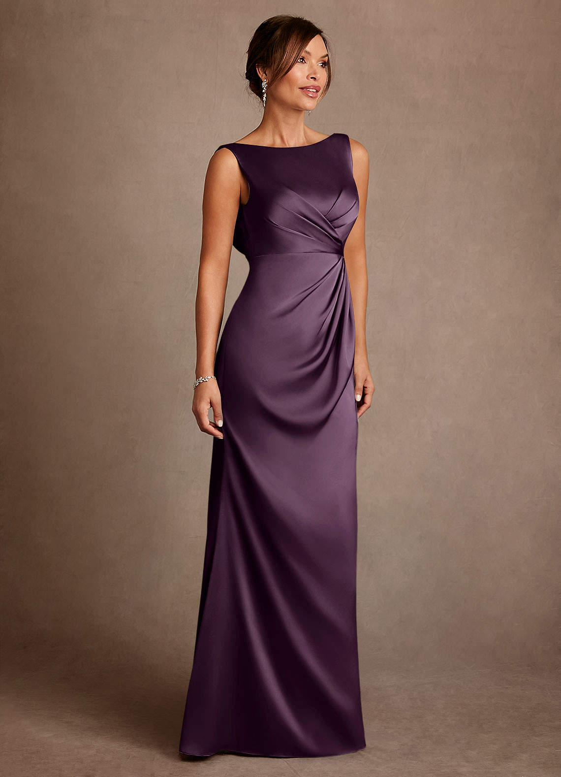Azazie Baltimore Mother of the Bride Dresses Plum A-Line Pleated Stretch Satin Dress image3