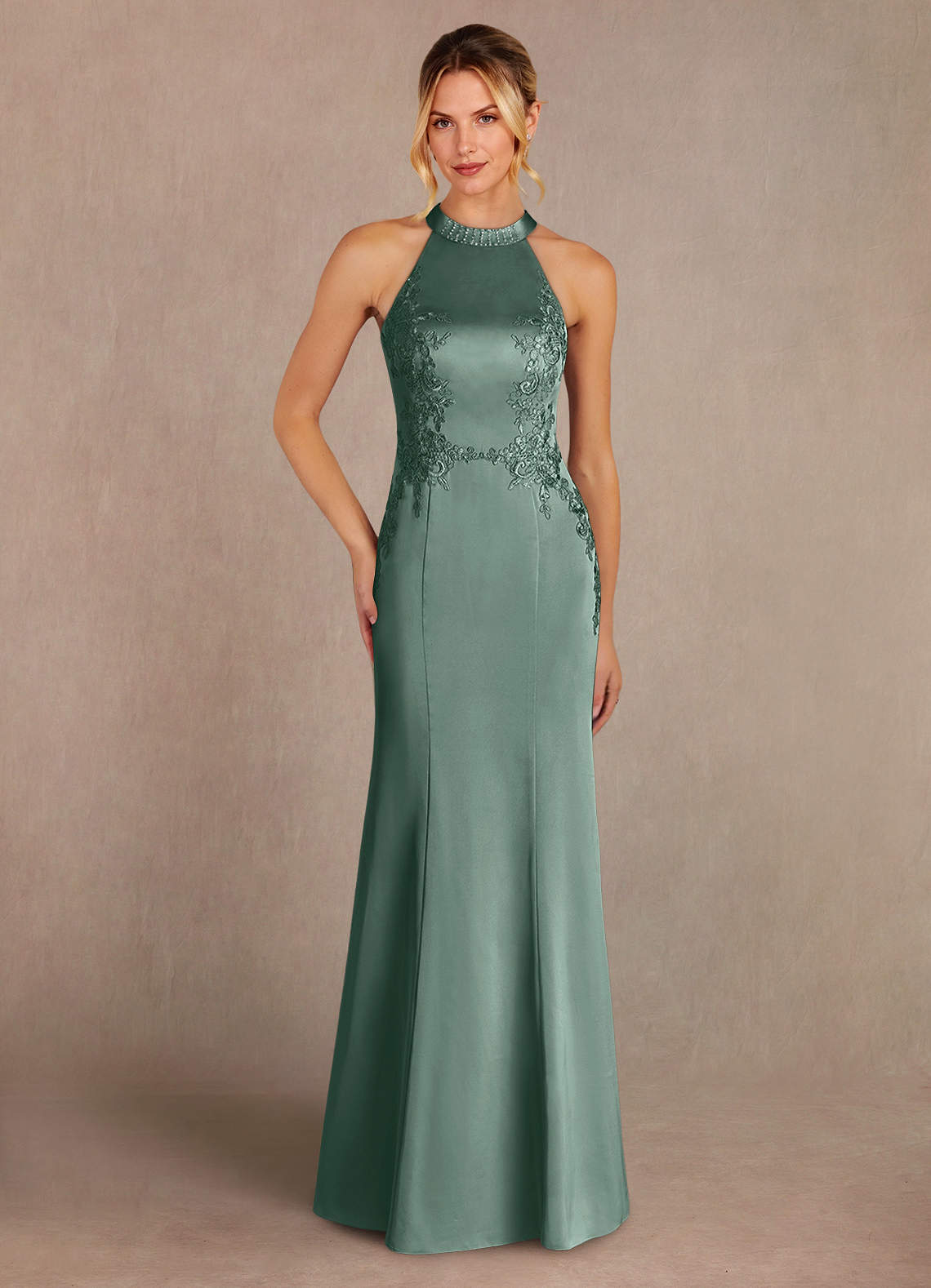 Azazie Tyra Mère de la mariée Robes Robe Sirène en Satin extensible Dentelle Eucalyptus image1