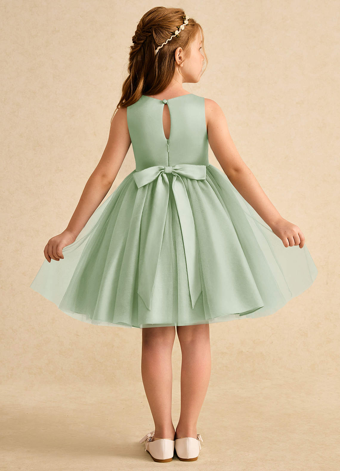 Azazie Prima Flower Girl Dresses Dusty Sage A-Line Bow Tulle Dress image1