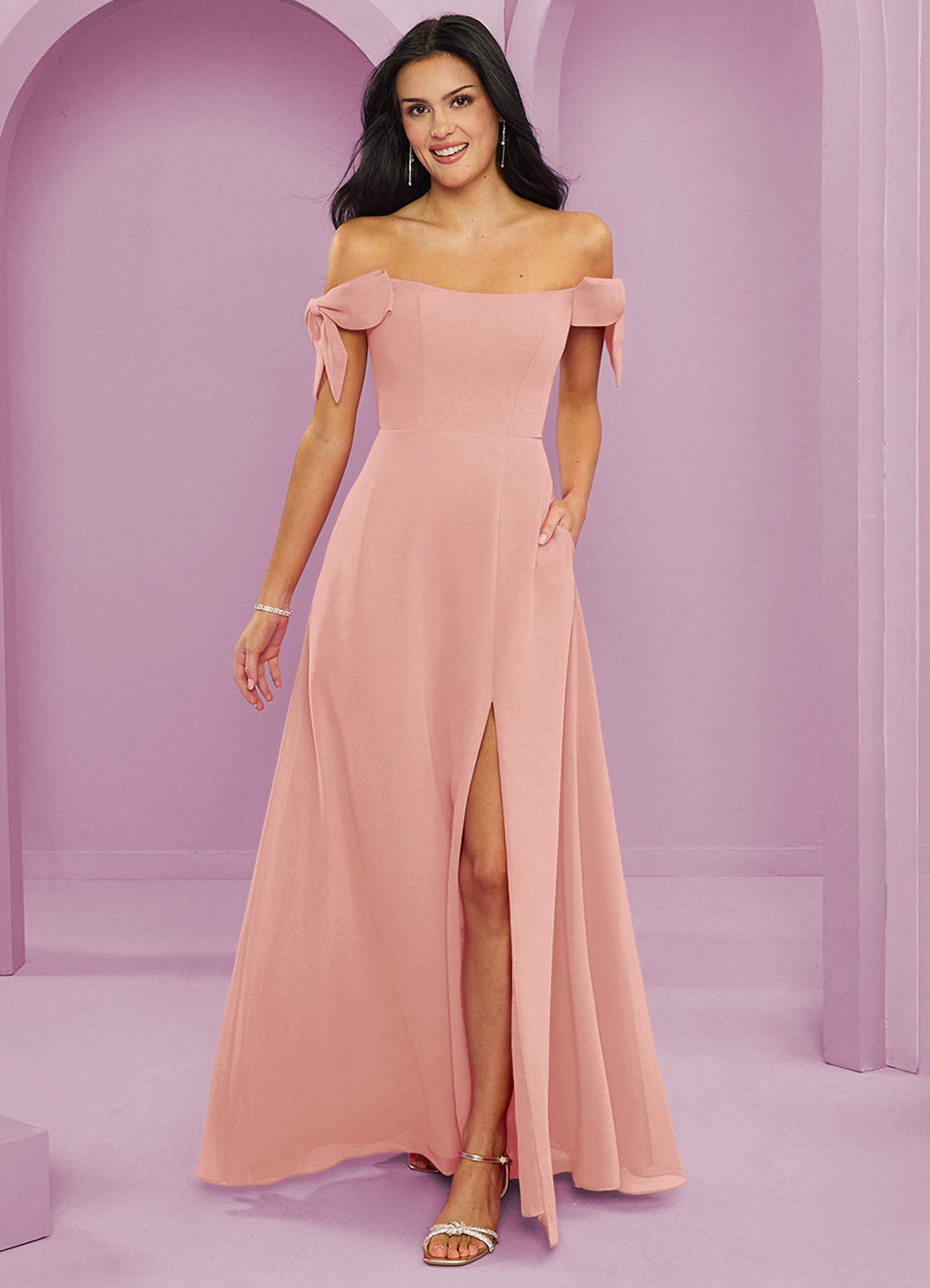 Barbie ♥ Azazie Bridesmaid Dresses Rosette A-Line Off the Shoulder Chiffon Convertible Dress image1