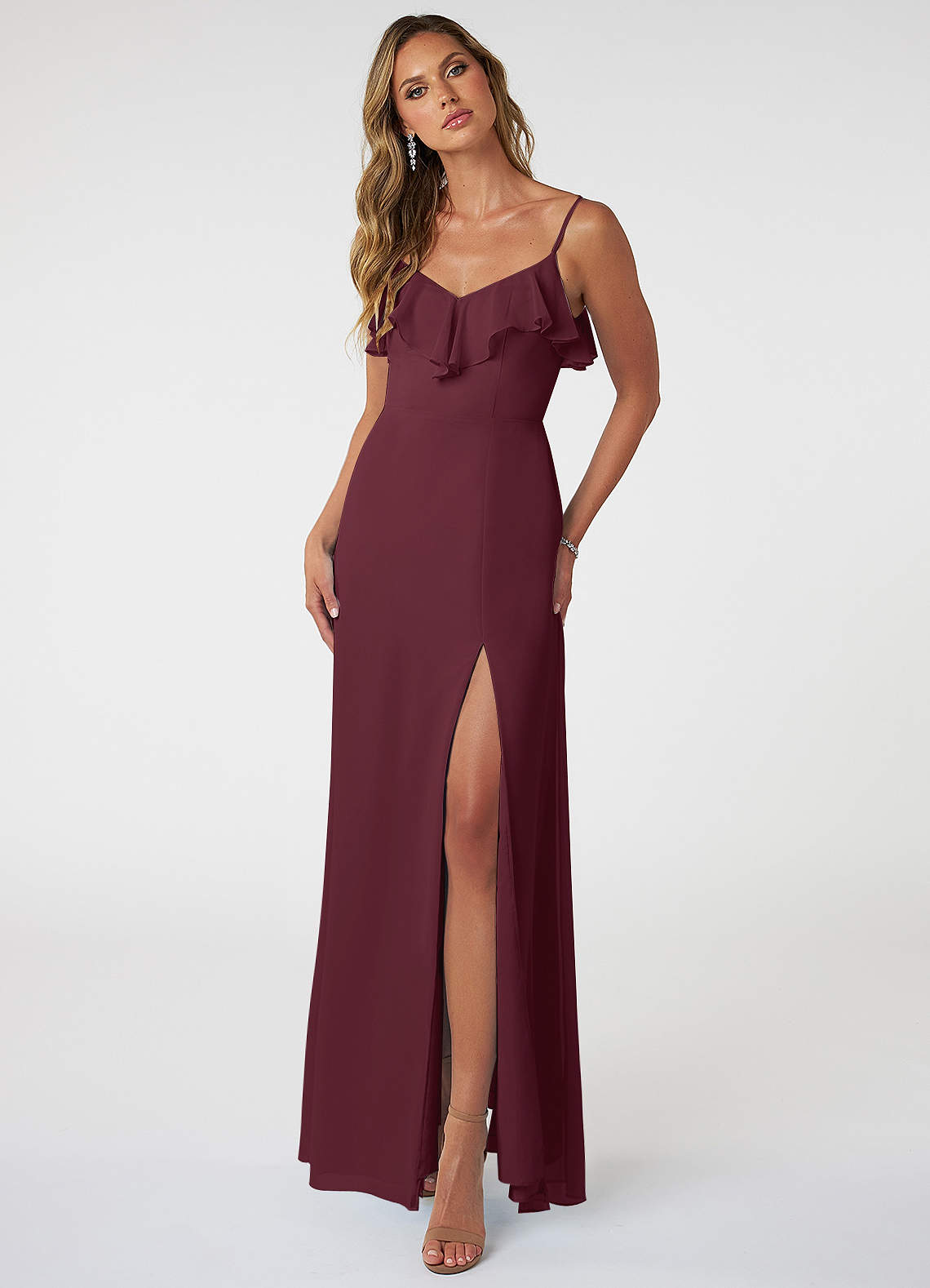 Azazie Natalia Bridesmaid Dresses Cabernet A-Line Chiffon Dress image1