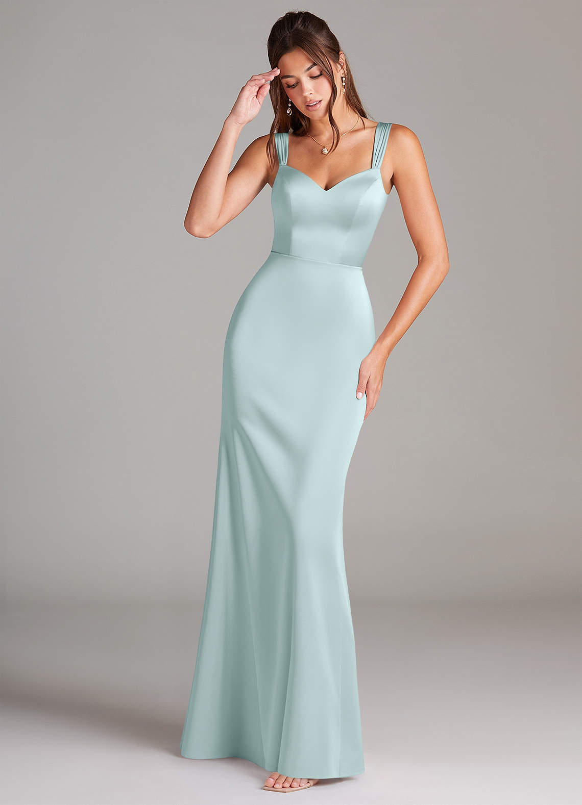 Azazie Denice Bridesmaid Dresses Sea Glass Sheath Pleated Stretch Satin Dress image1