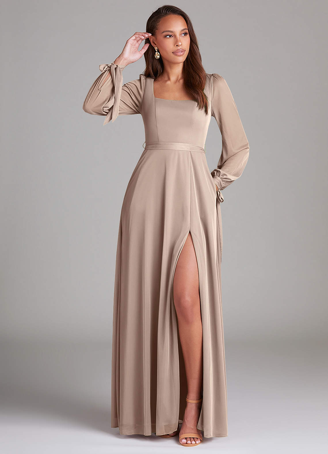 Azazie Leonia Bridesmaid Dresses Taupe A-Line Long Sleeve Mesh Dress image1