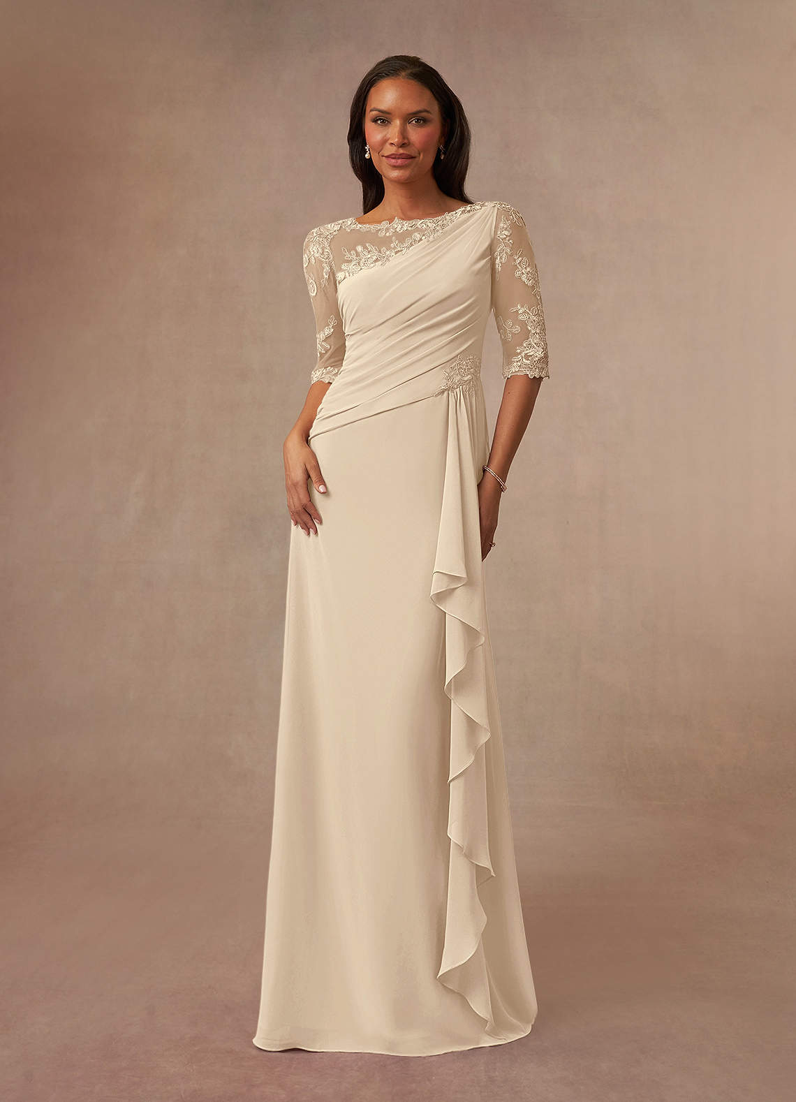 Azazie Dionysus Mother of the Bride Dresses Champagne A-Line Boatneck Lace Chiffon Dress image1