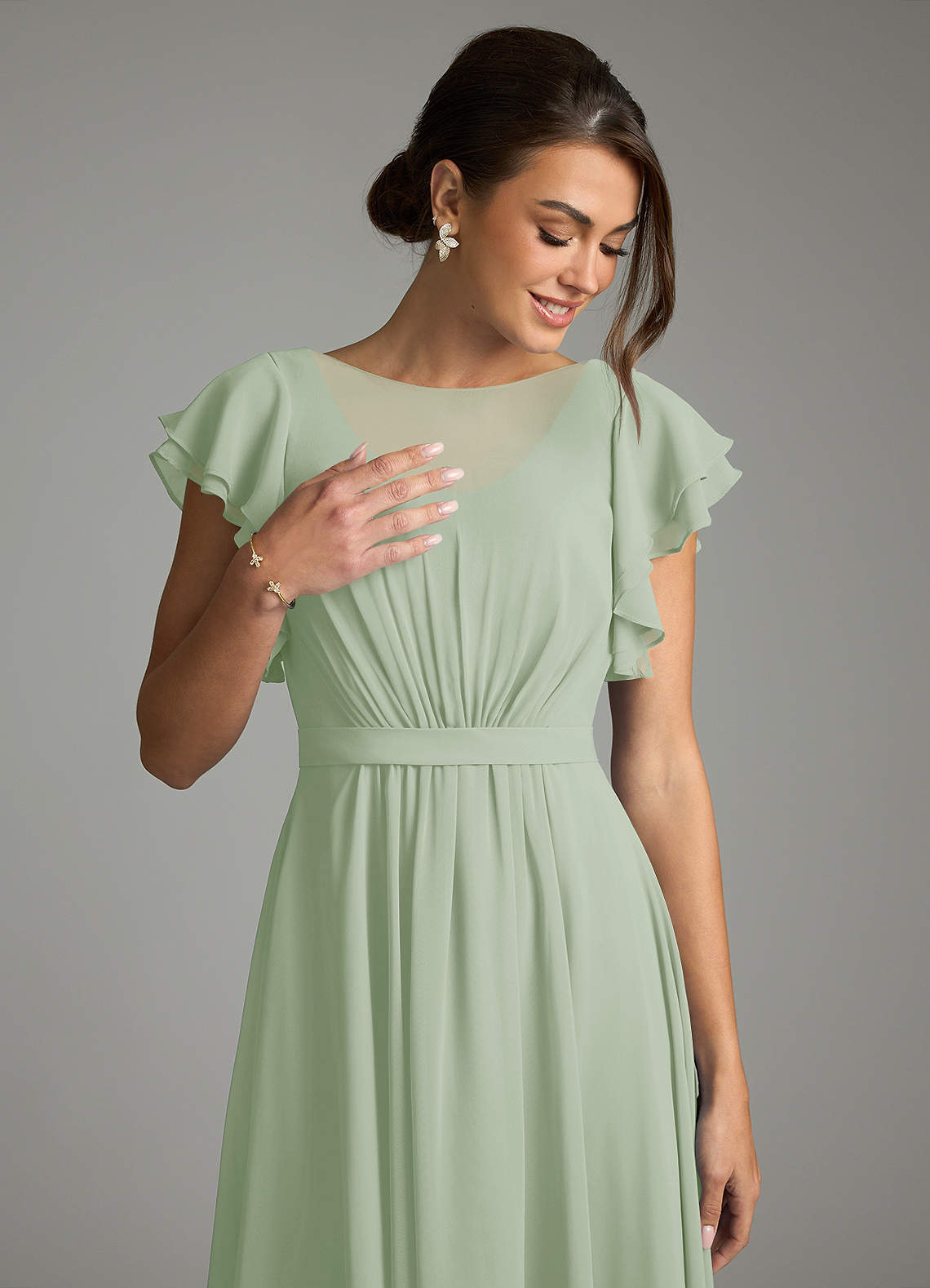 Azazie Daphne Modest Bridesmaid Dresses A-Line Ruffled Chiffon Floor-Length Dress image4