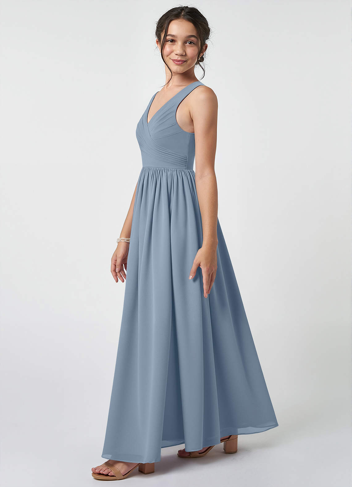 Azazie Keyla Junior Dusty Blue A-Line Pleated Chiffon Dress image2