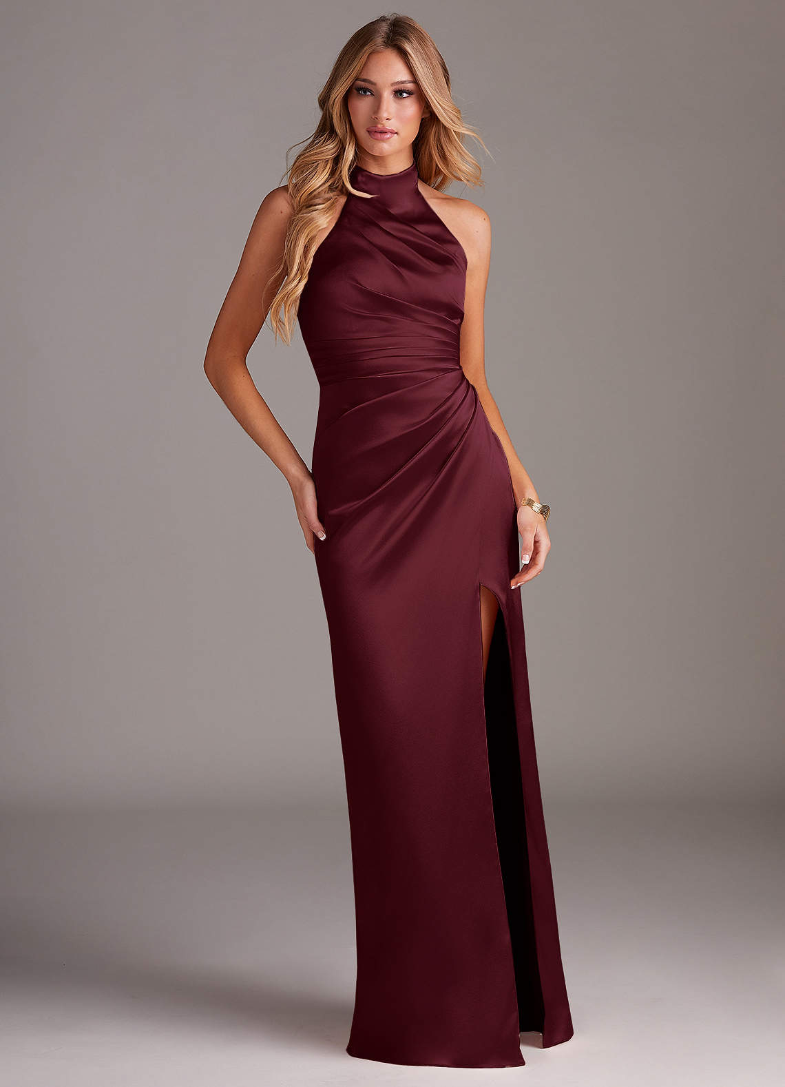 Azazie Jemma Bridesmaid Dresses Cabernet Sheath Pleated Stretch Satin Dress image2