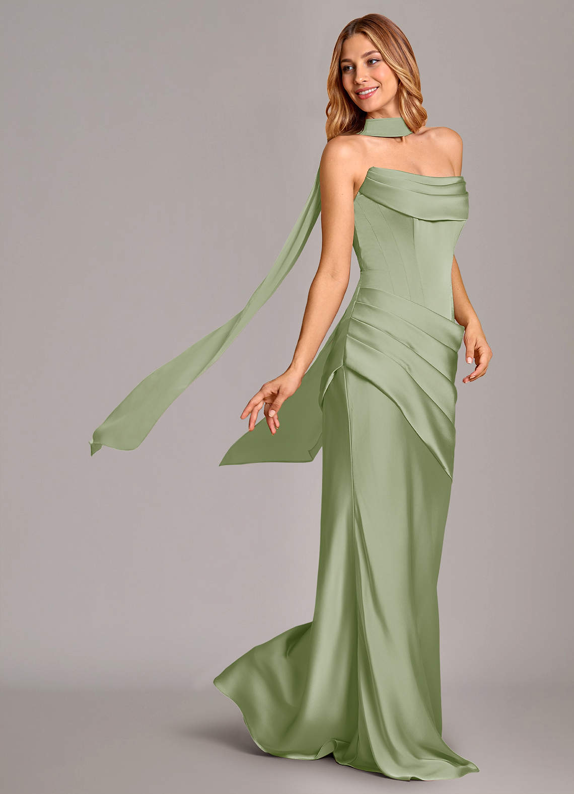 Azazie Mermaid Cowl Neck Floor-Length Chiffon Bridesmaid Dresses - Dusty Sage