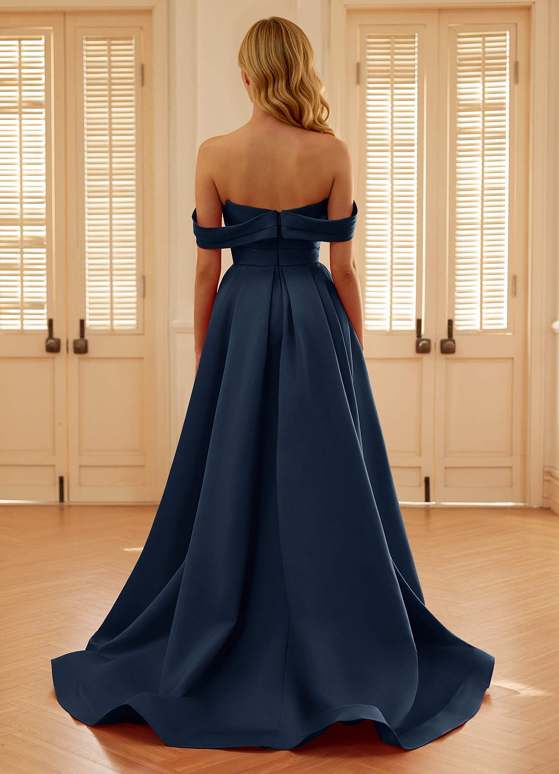 navy a line formal dress Strapless Pleated Organza Formal Gown with Cape Shawl and A-Line Skirt –  AS032 – Viniodress main image 1
