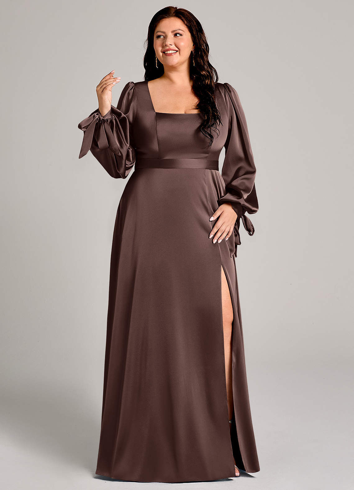 Azazie Leonia Bridesmaid Dresses Ganache A-Line Long Sleeve Stretch Satin Dress image9