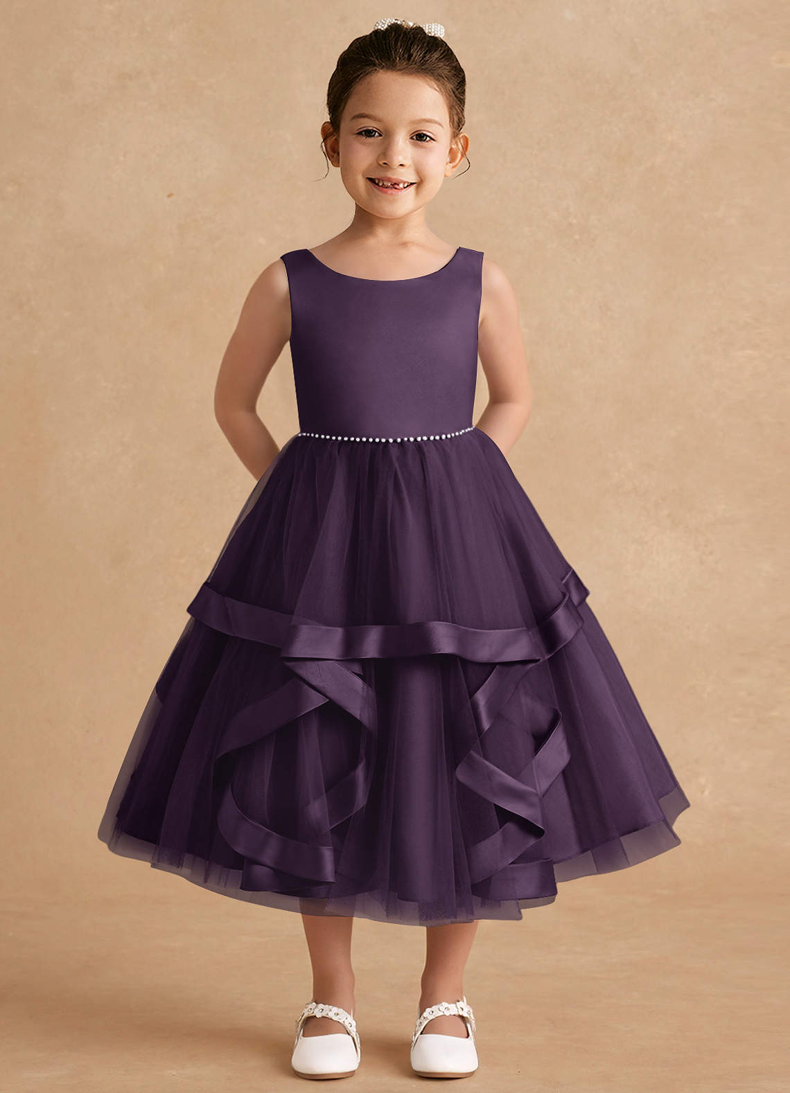 Azazie Posy Flower Girl Dresses Plum A-Line Beaded Tulle Dress image1