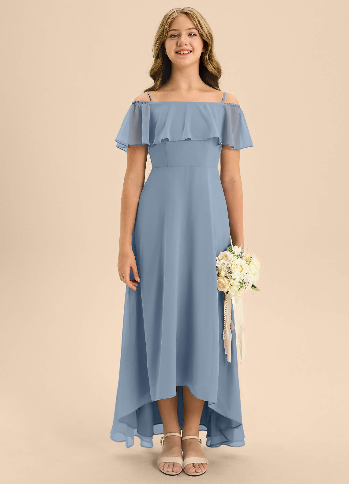 Azazie Maggie Junior A-Linie Schulterfrei Chiffon Kleid Staubblau image1