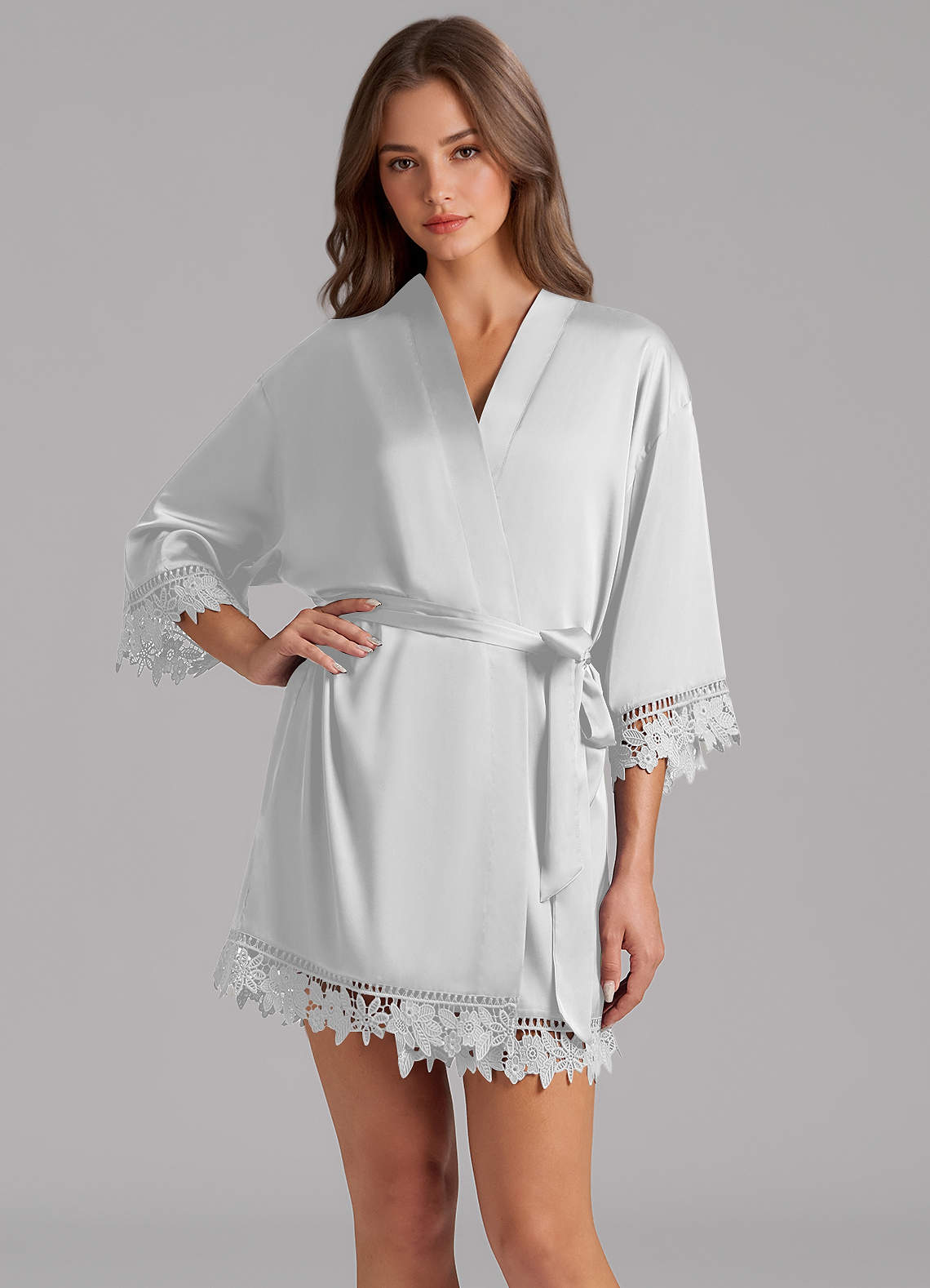 front Matching Color Satin Lace Robe