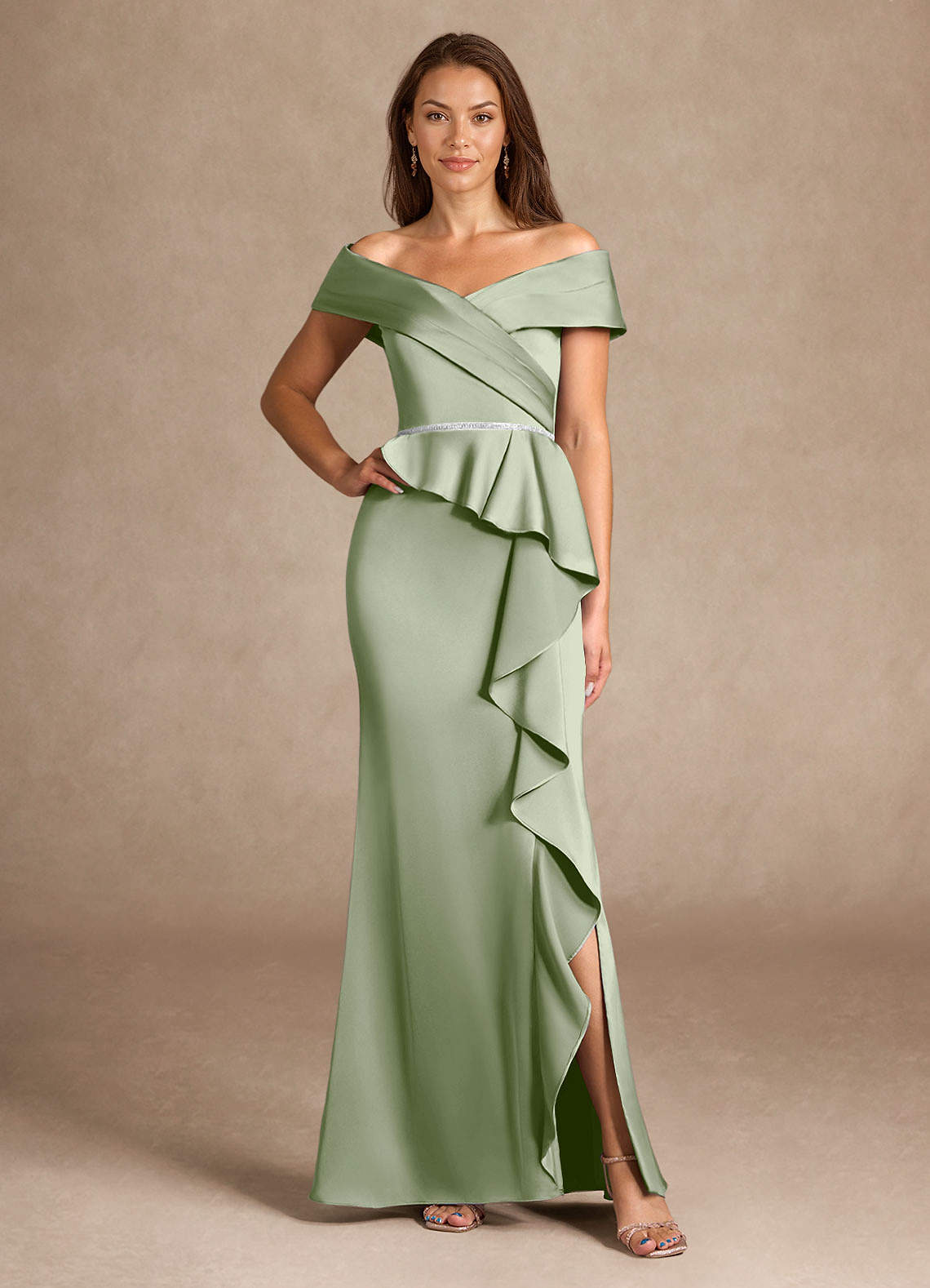 Azazie Dareia Mother of the Bride Dresses Dusty Sage Mermaid Off the Shoulder Stretch Satin Dress image1