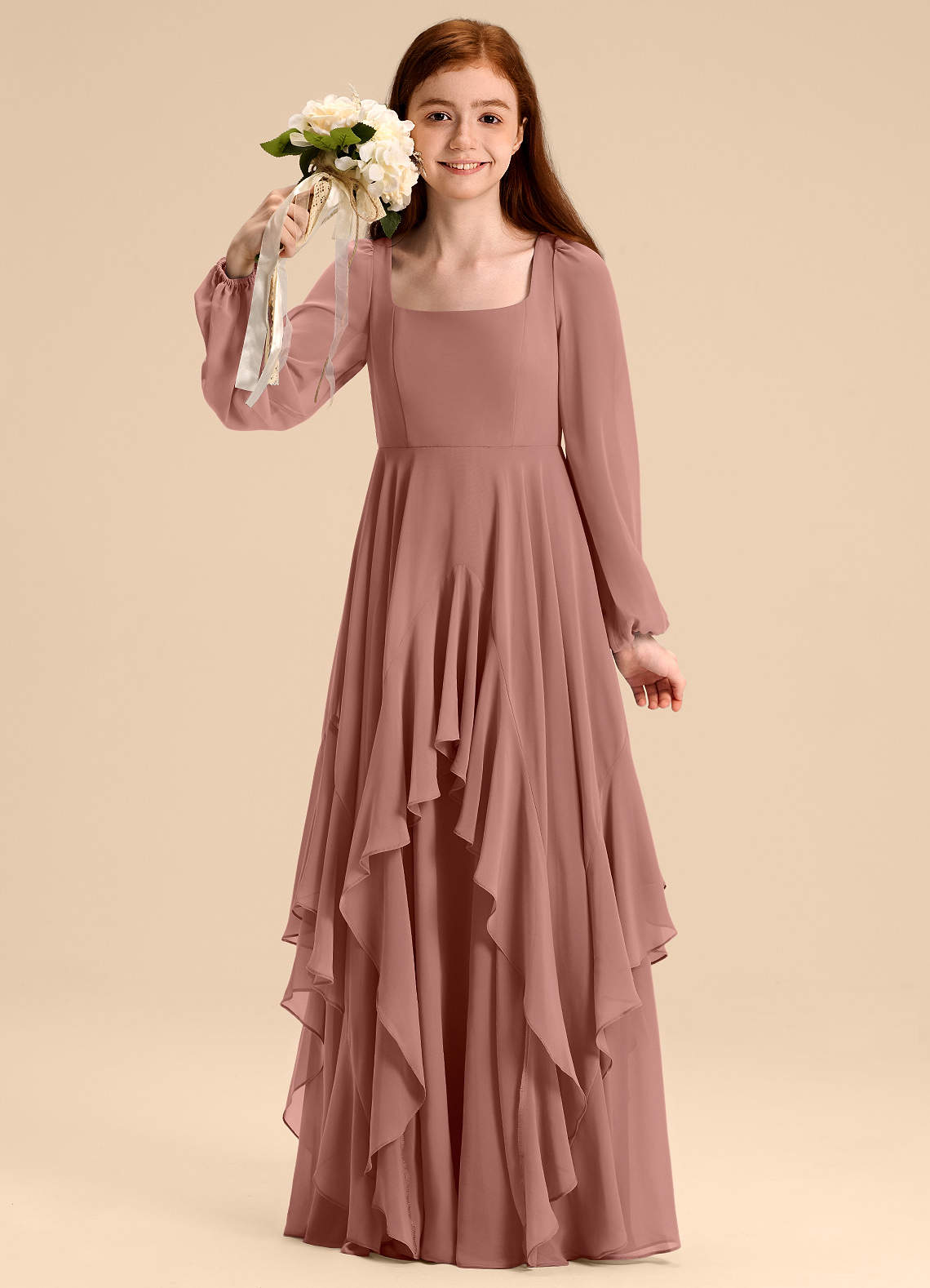 Azazie Clara Junior Cedar Rose A-Line Blouson Chiffon Dress image1