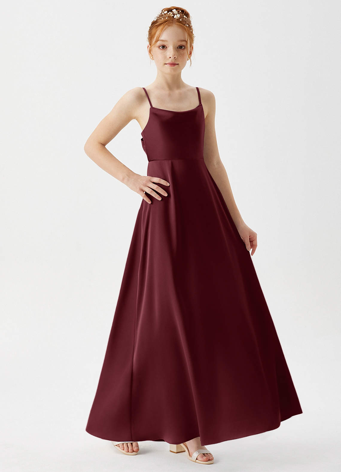Azazie Shale Junior Abito A-Line in Raso Elasticizzato Cabernet image3