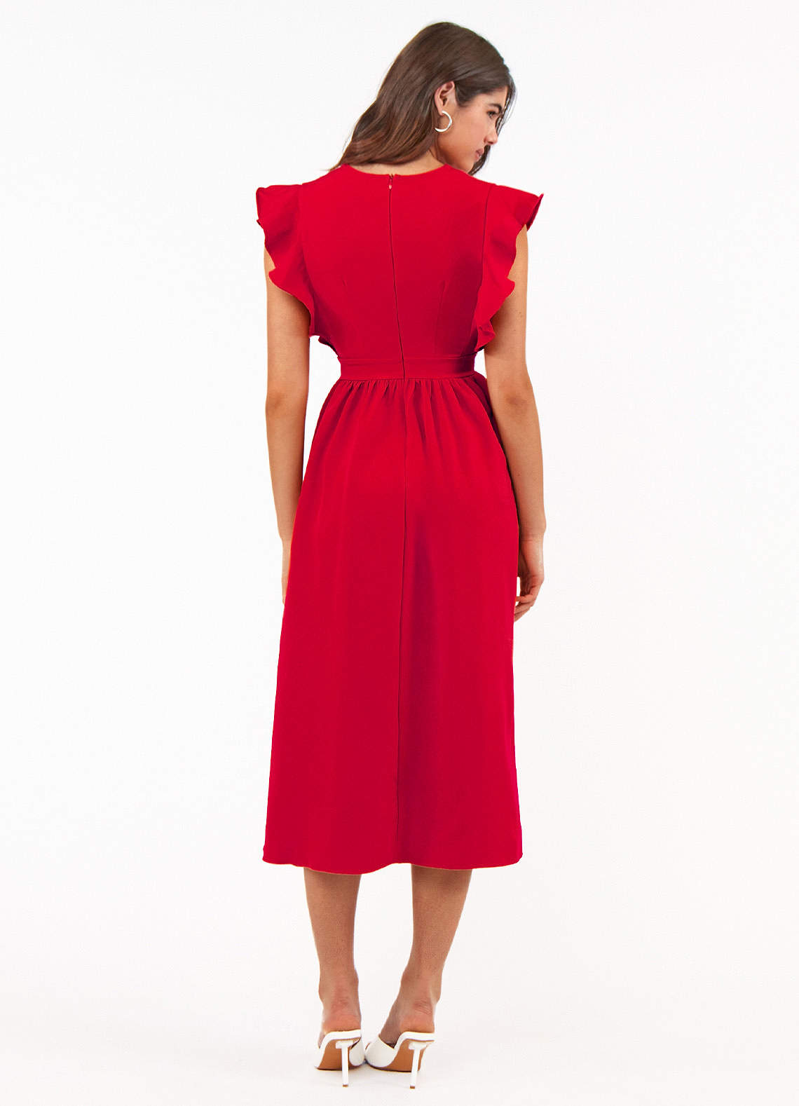 Regal Ruffles Red Satin Flutter Sleeve Midi Dress image1