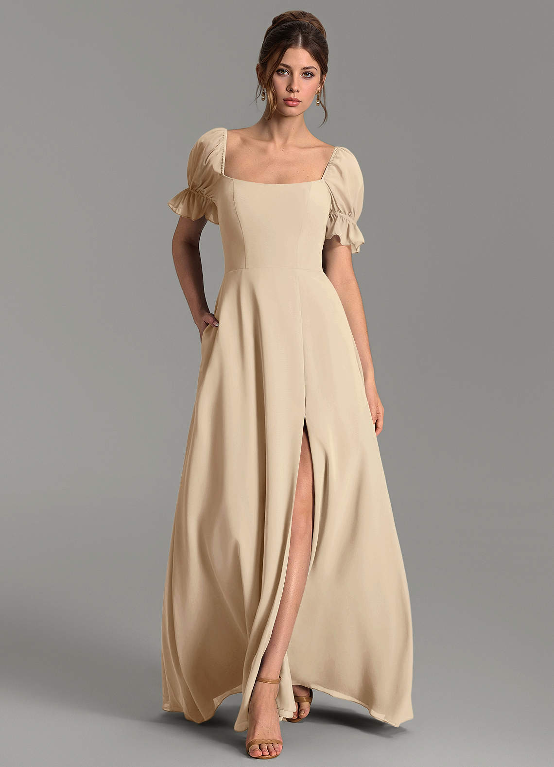 beige chiffon bridesmaid dresses Azazie Jaden Summer Strapless Maxi Dresses Line Fabric Color:Custom_Colors size_16W