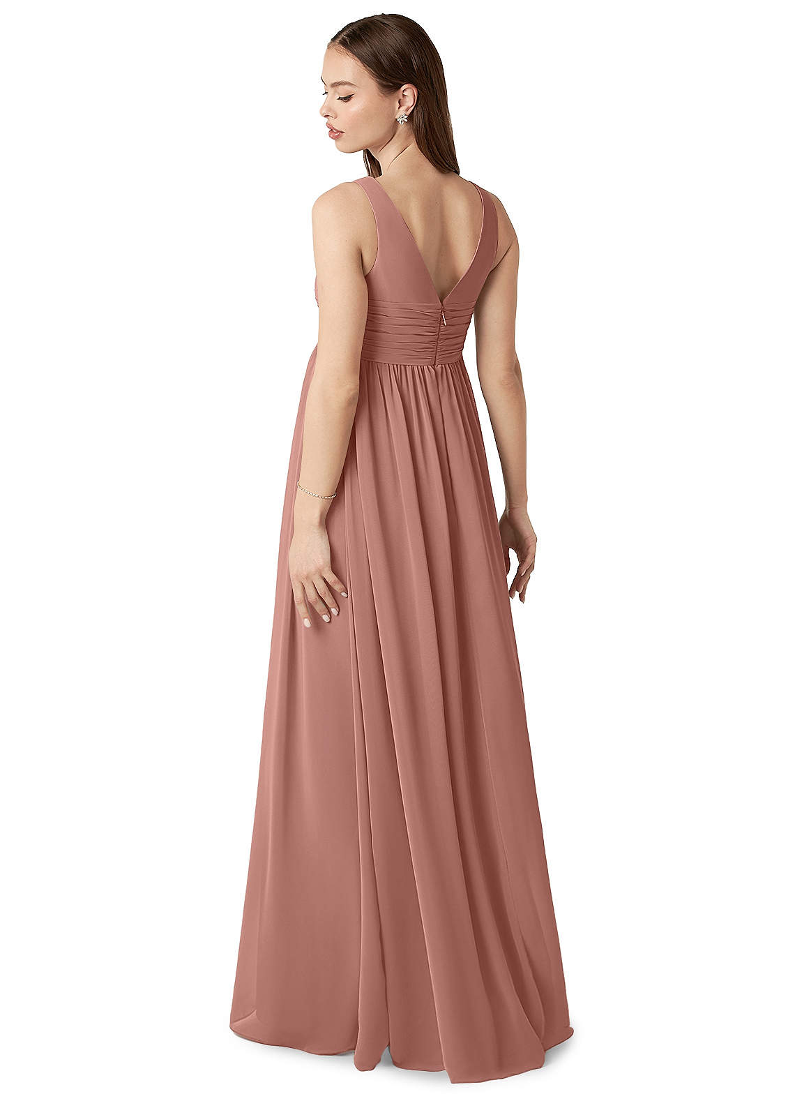 Azazie Yetta At-home Try On Dresses A-Line V-Neck Gathered Chiffon Floor-Length Dress image4