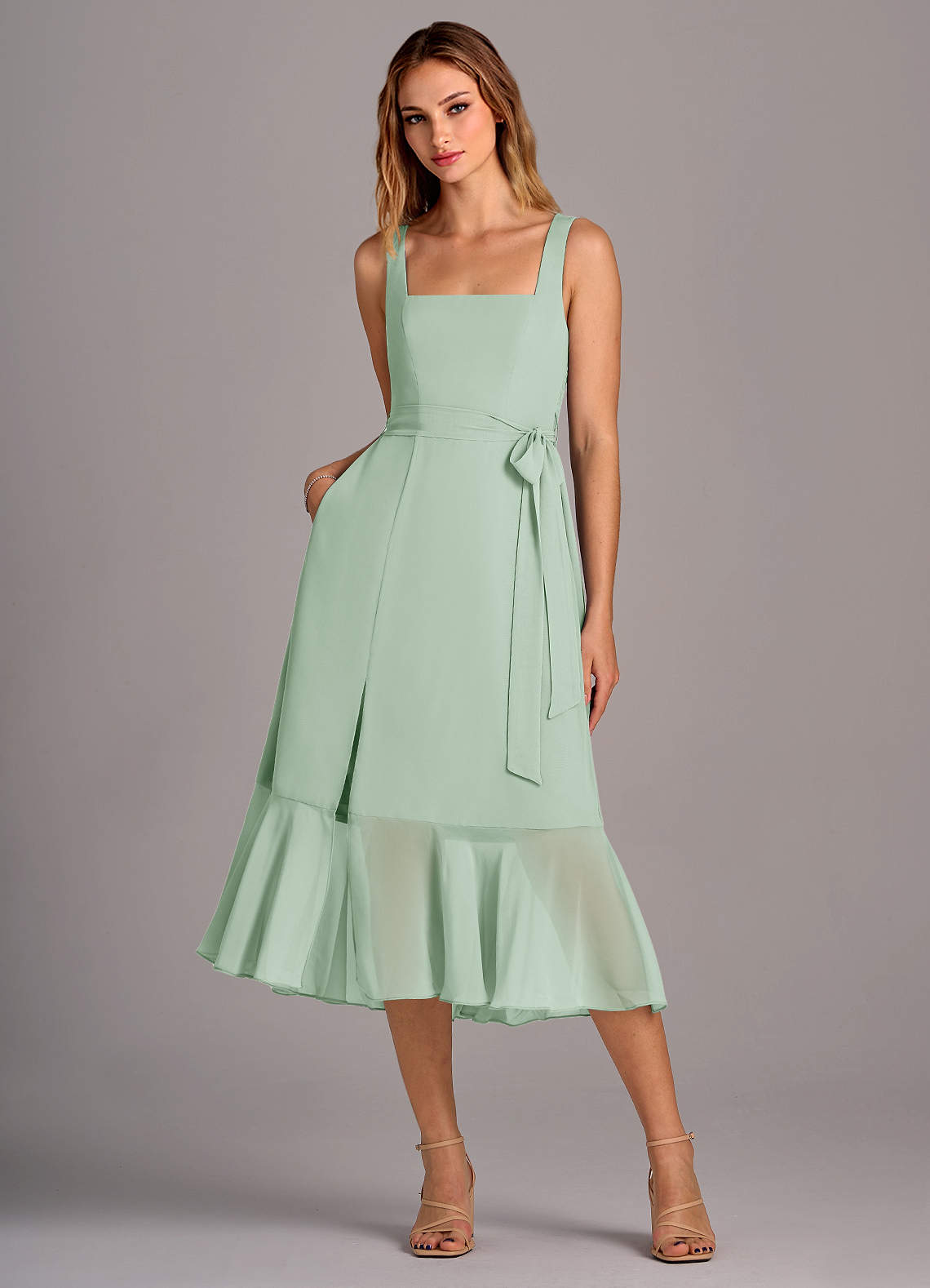 Azazie Deb Bridesmaid Dresses Agave A-Line with Pockets Chiffon Convertible Dress image1