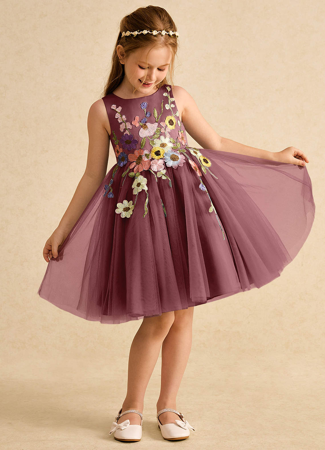 Azazie Prima Blumenmädchenkleider A-Linie Schleifen Tüll Kleid Wüstenrose image2