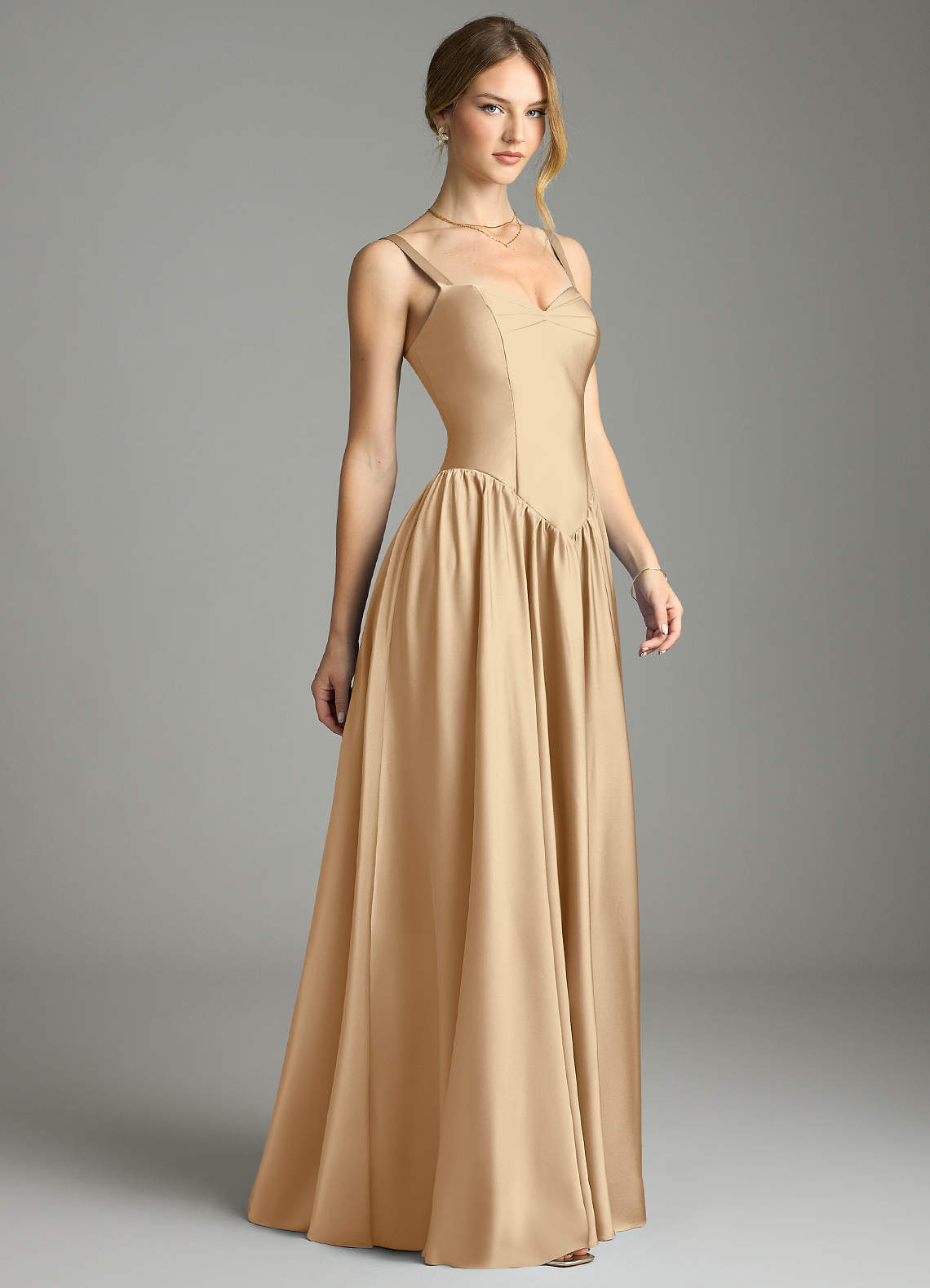 Azazie Evadina Champagne Stretch Satin Bridesmaid Dresses | Azazie