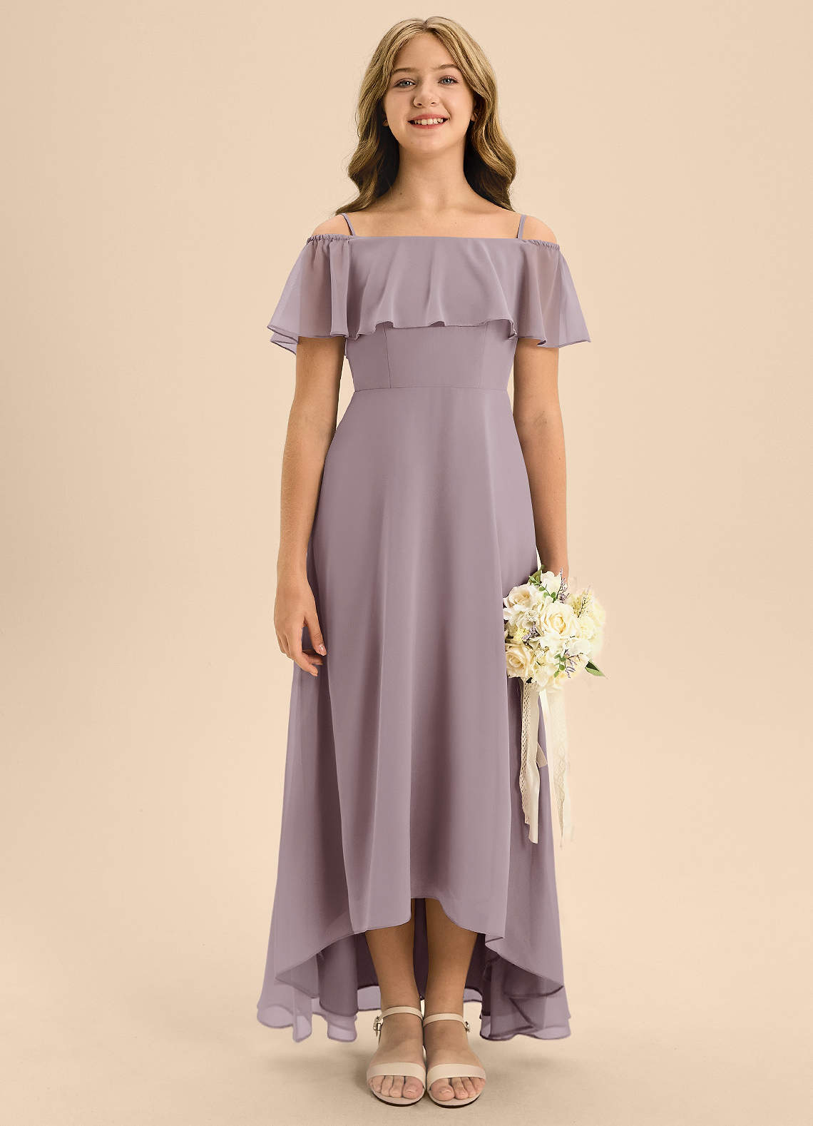Azazie Maggie Junior A-Linie Schulterfrei Chiffon Kleid Dämmerung image1