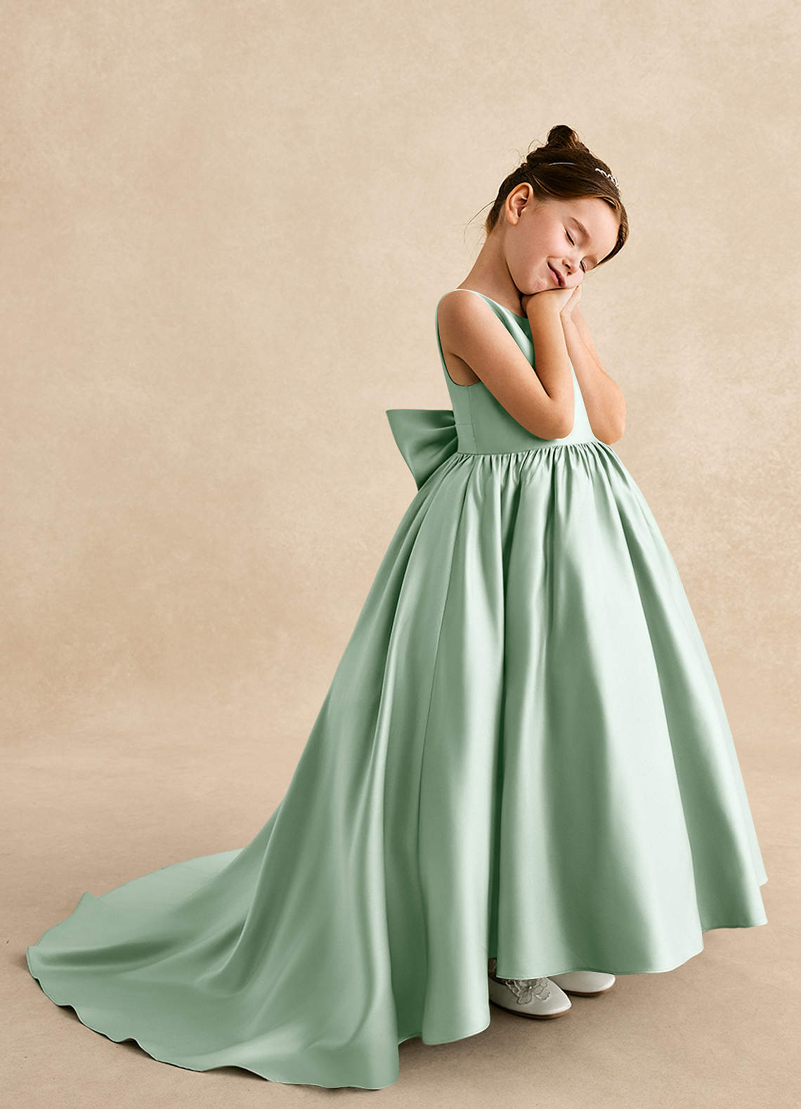 Azazie Mimia Robe Demoiselle D'honneur Fillette Robe Trapèze en Mat Satiné Arc Agave image3