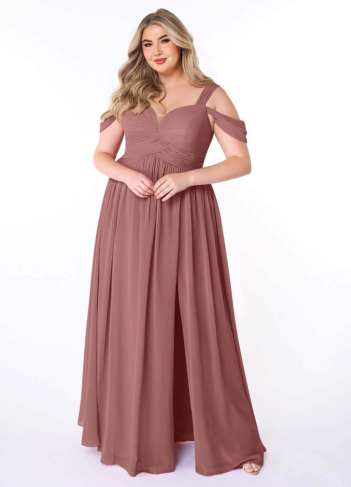 Azazie Lianne Bridesmaid Dresses Desert Rose A-Line Off the Shoulder Chiffon Dress image1