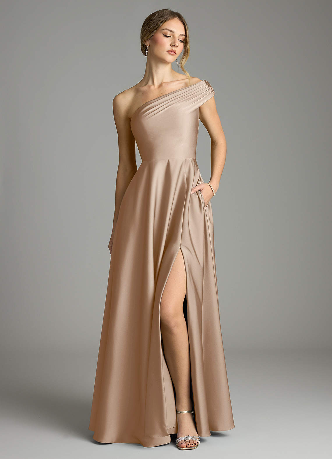 Azazie Melanie Bridesmaid Dresses Taupe A-Line Off the Shoulder Stretch Satin Dress image1