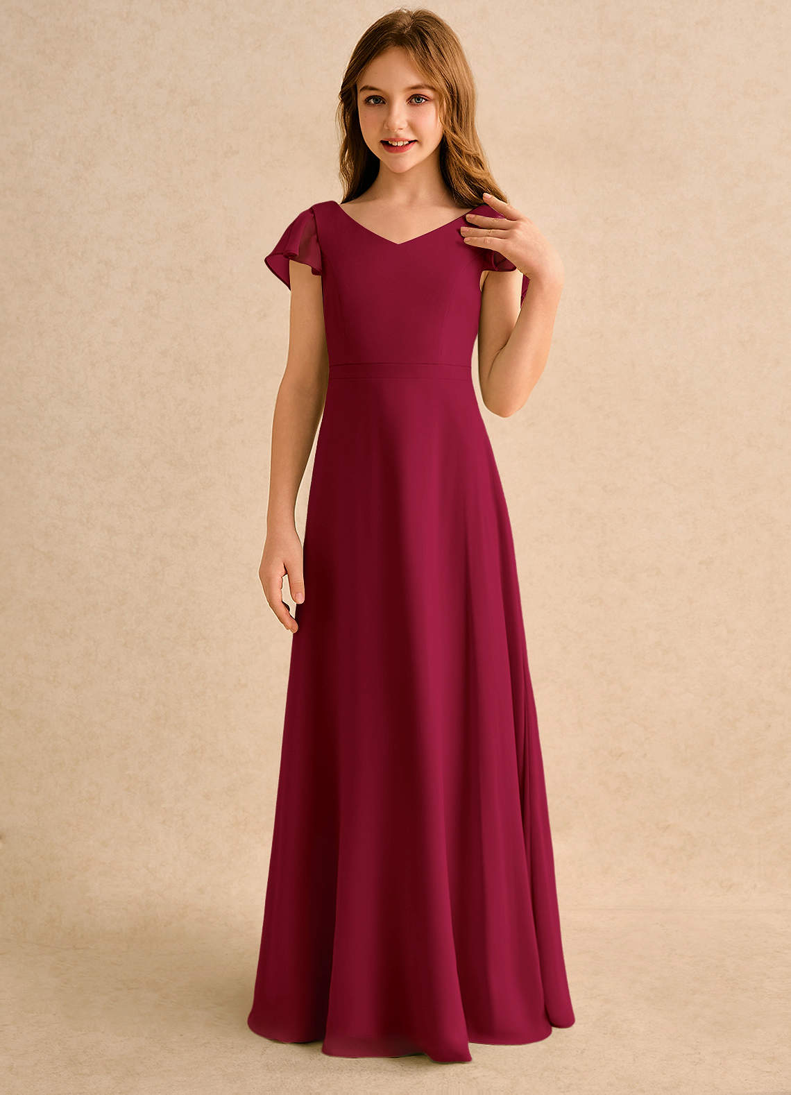 Azazie Nari Girls Formal Flower Girl Dresses Burgundy A-Line with Sleeves Chiffon Dress image4
