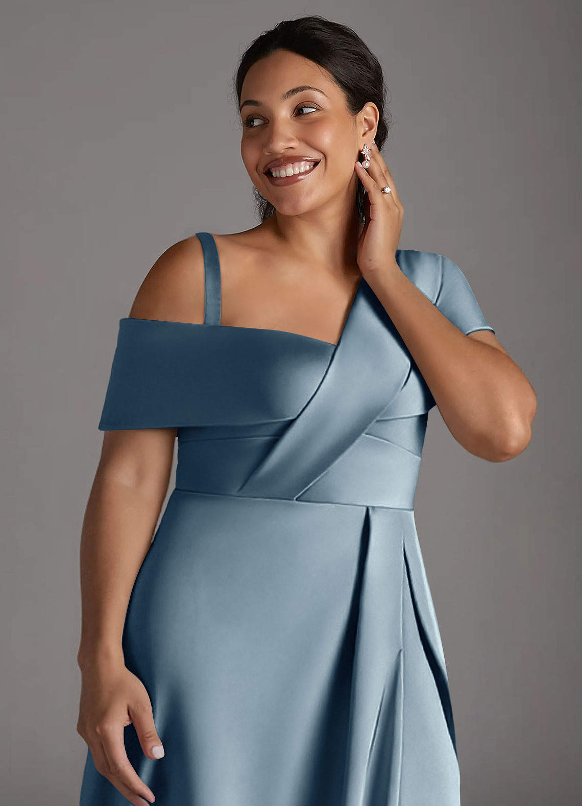 Azazie Milton Mother of the Bride Dresses Dusty Blue A-Line Pleated Stretch Satin Dress image13