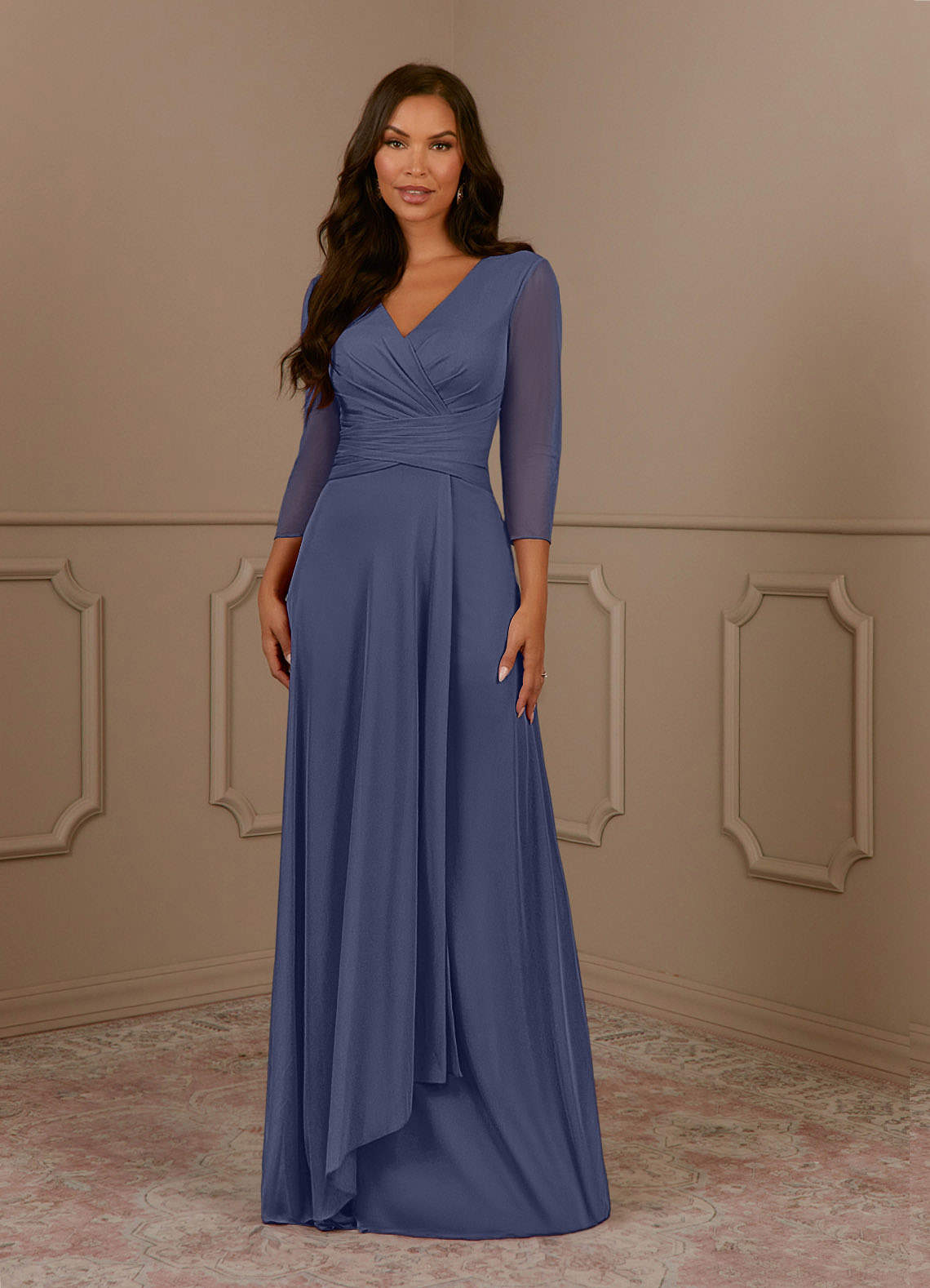SMALAKAM Plus Size Formal Dress For Women - V-Neck Stormy Blue Bridesmaid Dress, Wedding Guest Evening Gown