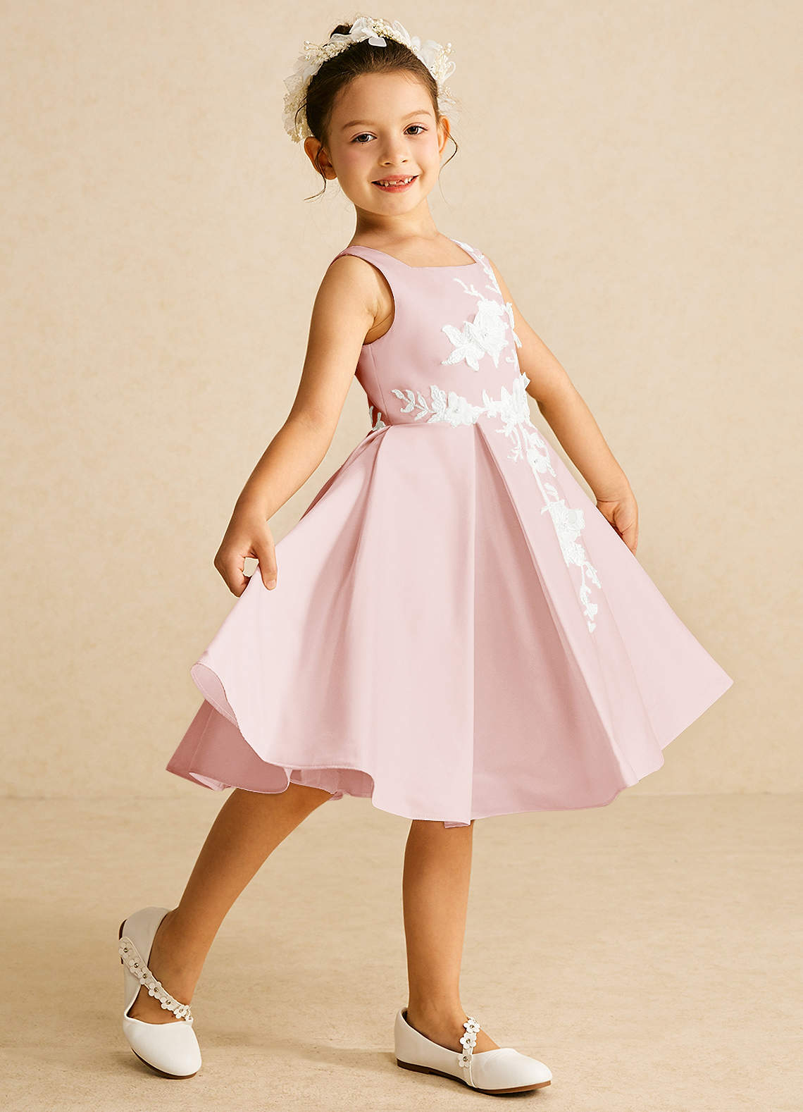 Azazie Kata Flower Girl Dresses Blushing Pink A-Line Lace Matte Satin Dress image1