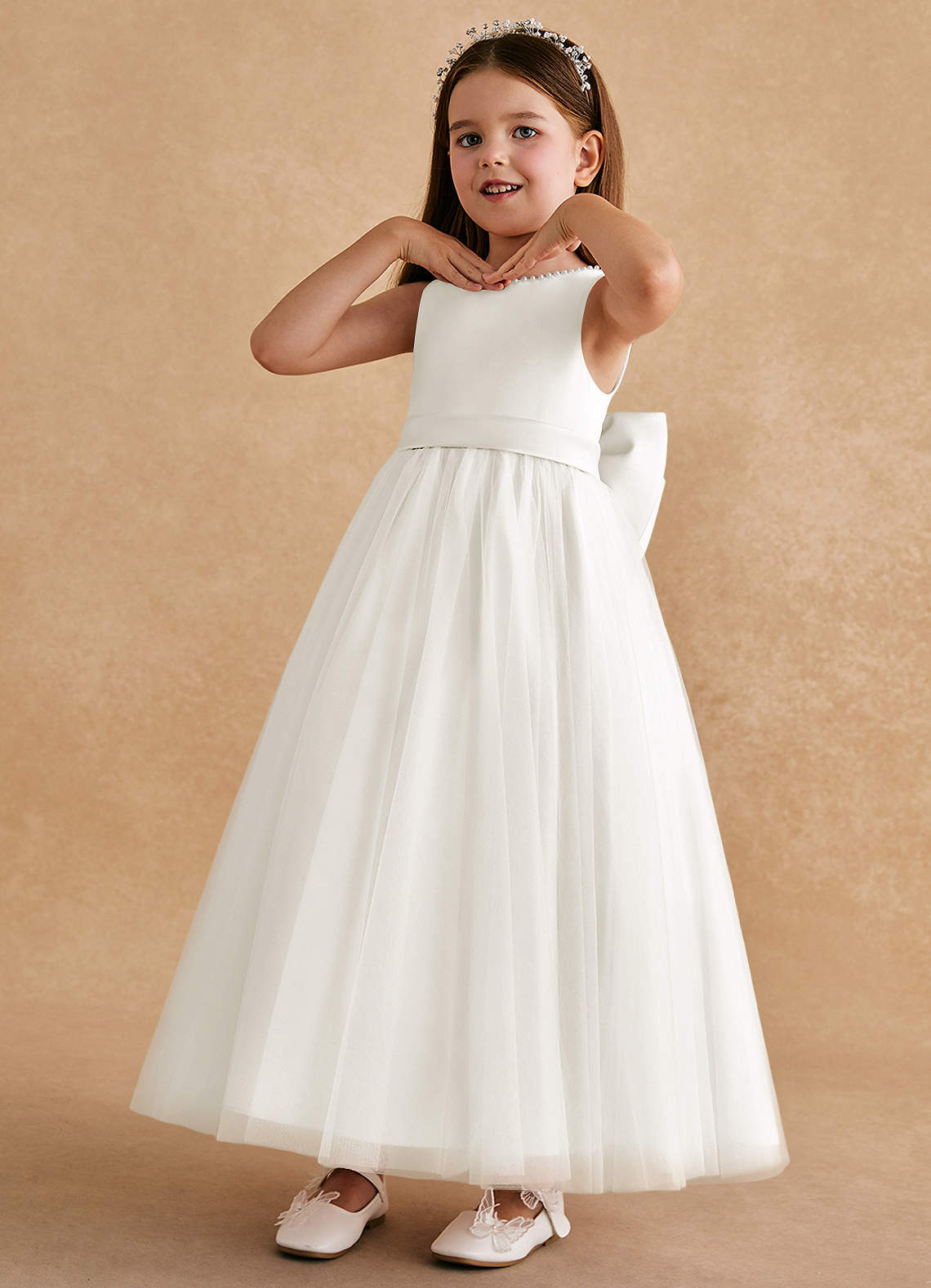 Azazie Cookie Flower Girl Dresses Ivory A-Line Bow Tulle Dress image3