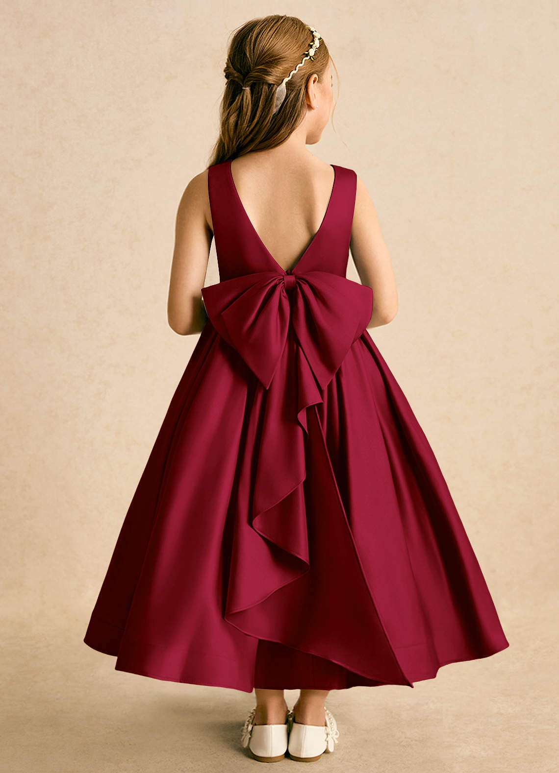 Azazie Cailee Flower Girl Dresses Burgundy Ball-Gown Pleated Matte Satin Dress image1