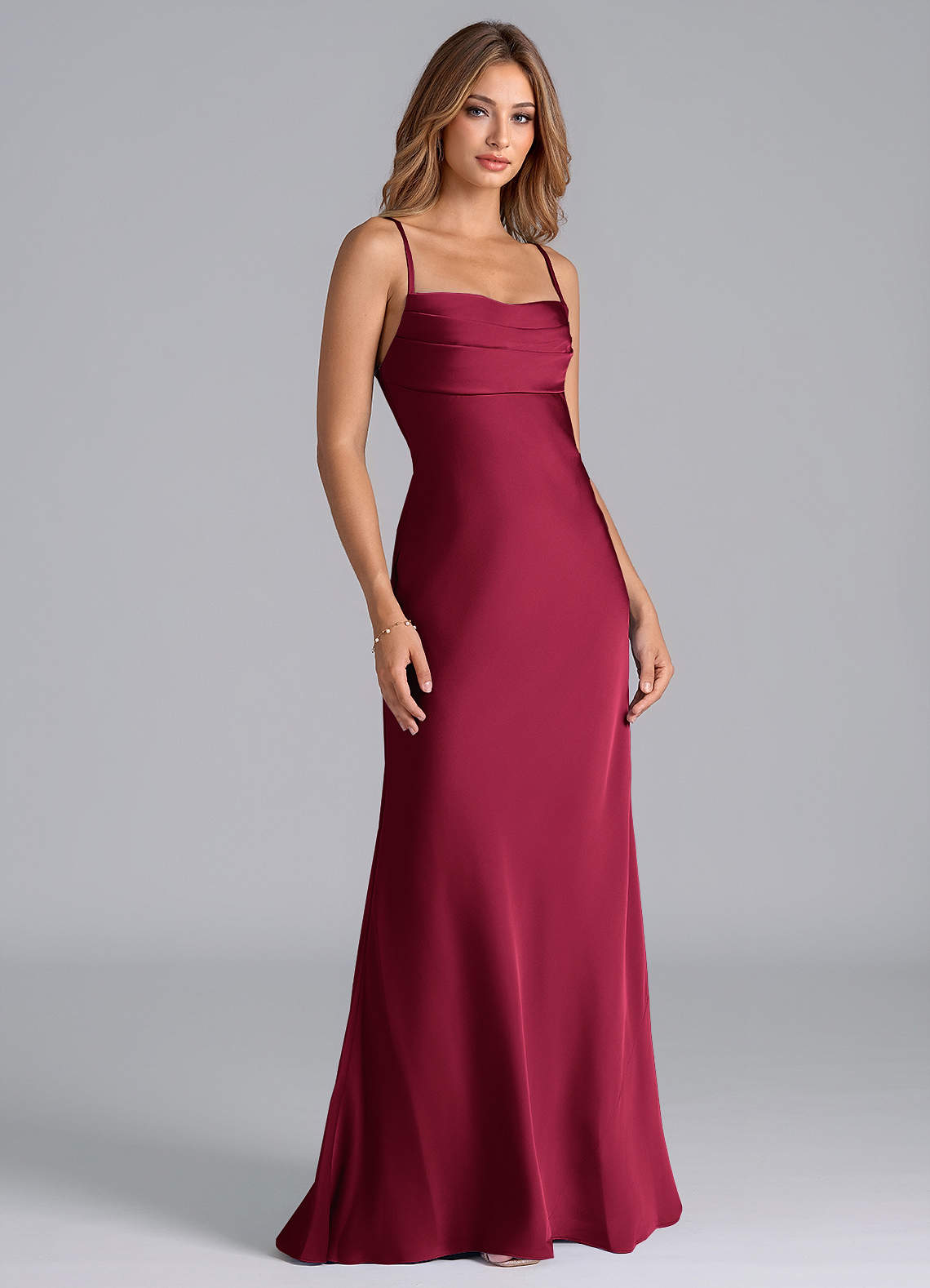 Azazie Seema At-home Try On Dresses Burgundy Mermaid Corset Stretch Satin Dress image1