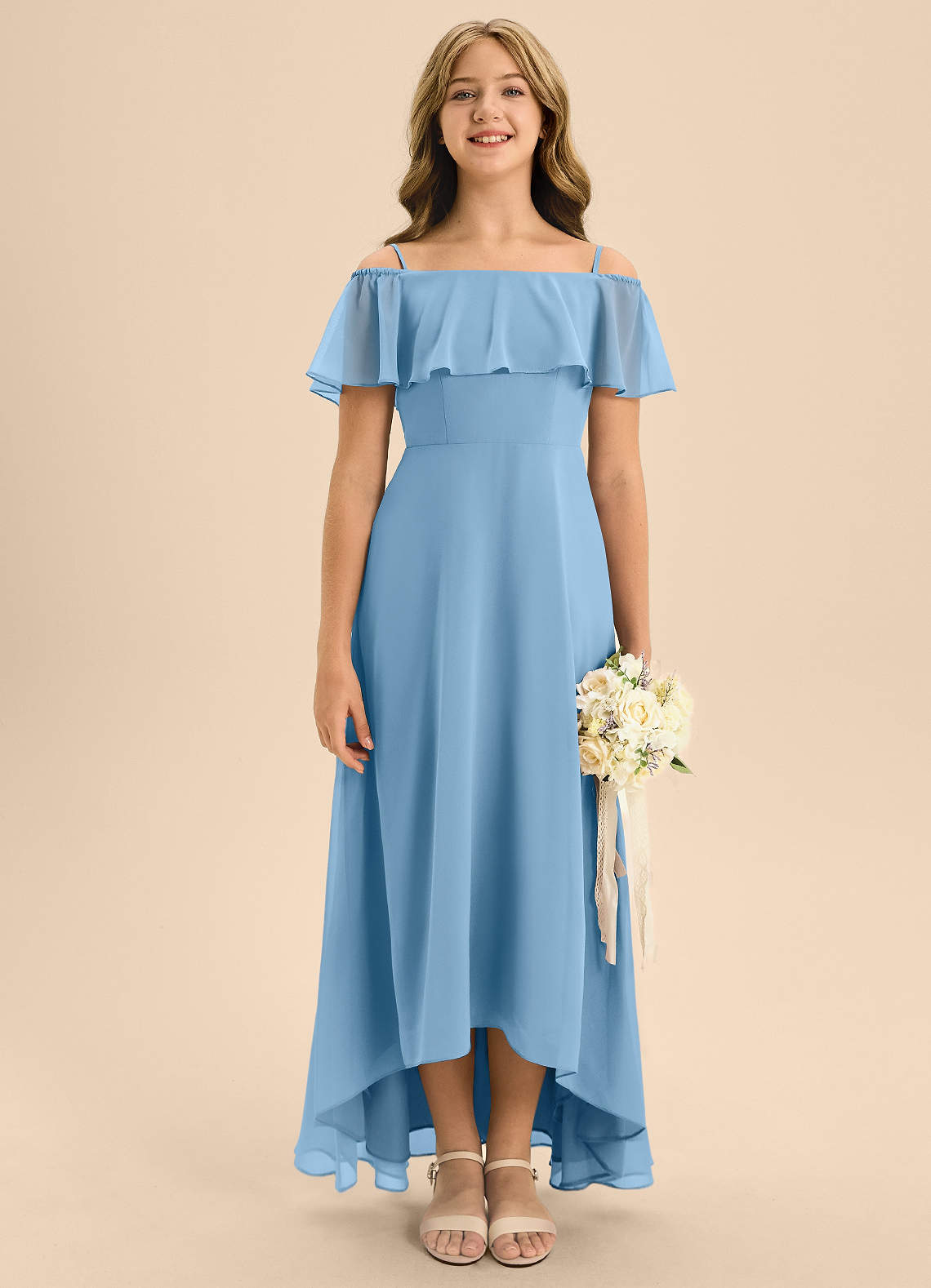Azazie Maggie Junior Vestido de Azul Acero de Gasa de Corte En A con Vestidos sin tirantes image1