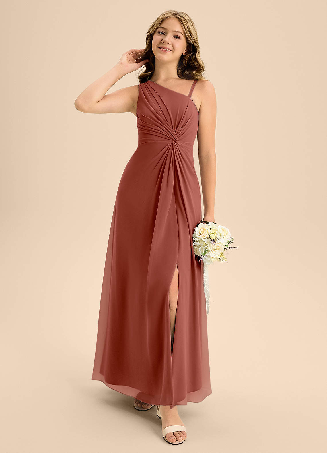 Azazie Brooke Junior Auburn A-Line Side Slit Chiffon Dress image1