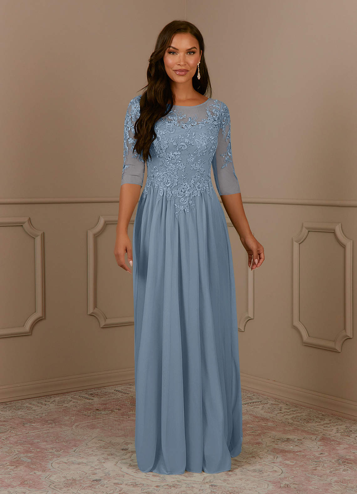 Azazie Harriet Mother of the Bride Dresses Dusty Blue A-Line Scoop lace Mesh Dress image1